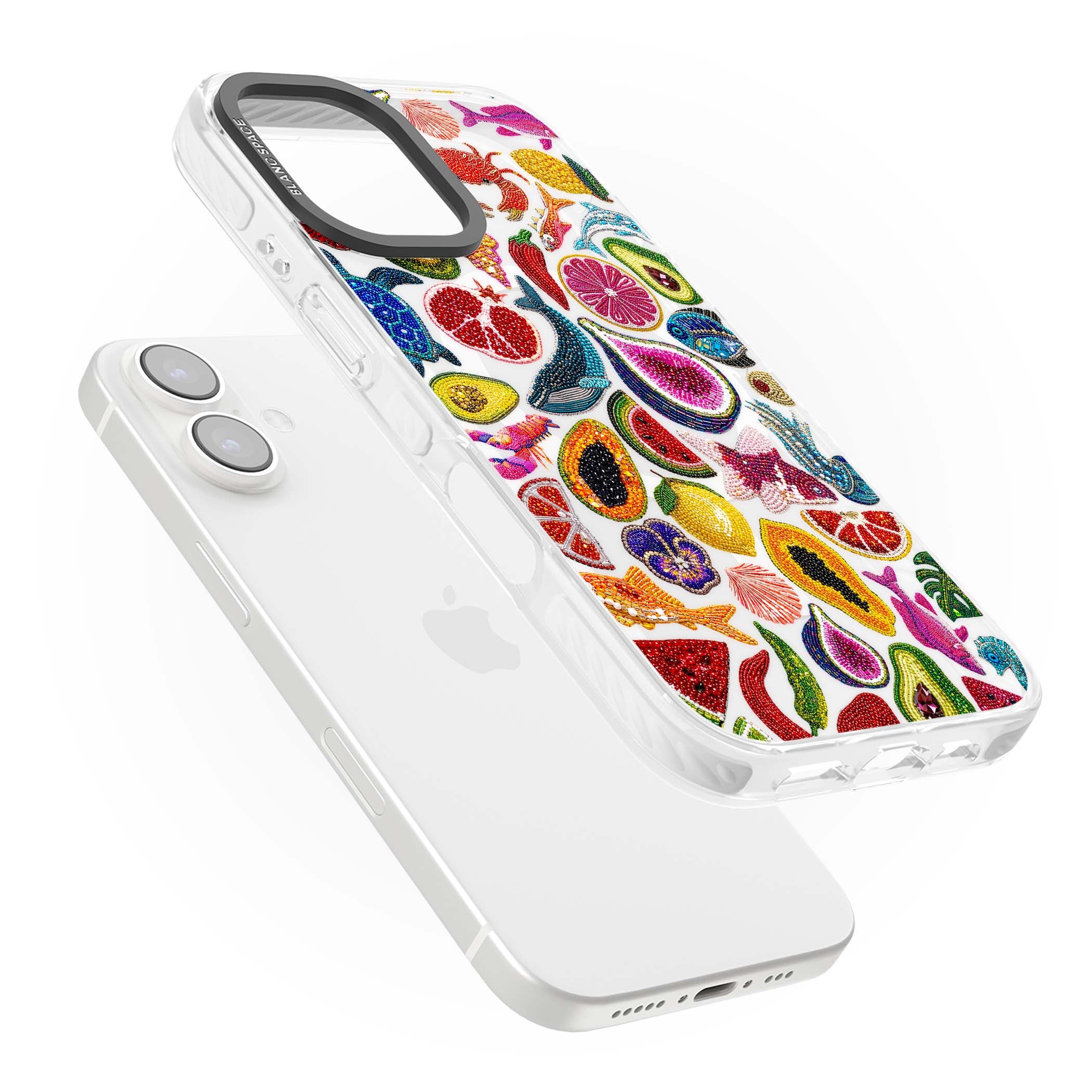 Beaded Tropic tropical iPhone case featuring beaded fruit, fish, crabs and seashells in vibrant colour | Impact Magsafe case for iPhone 16, iPhone 16 Plus