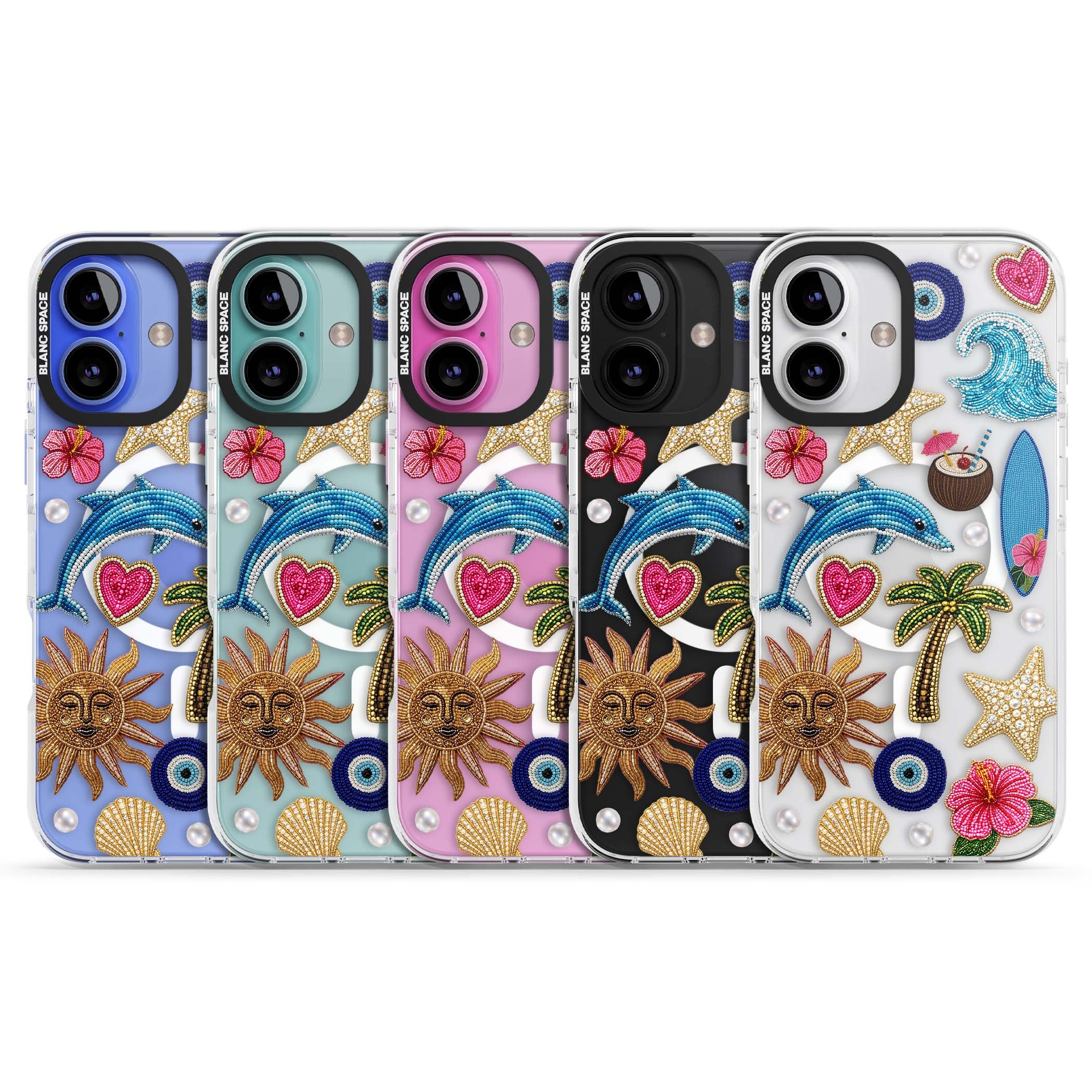 Beaded Beach coastal summer iPhone case featuring embroidered evil eye, hibiscus flowers, dolphin and palm tree patches | Impact Magsafe case for iPhone 16, iPhone 16 Plus