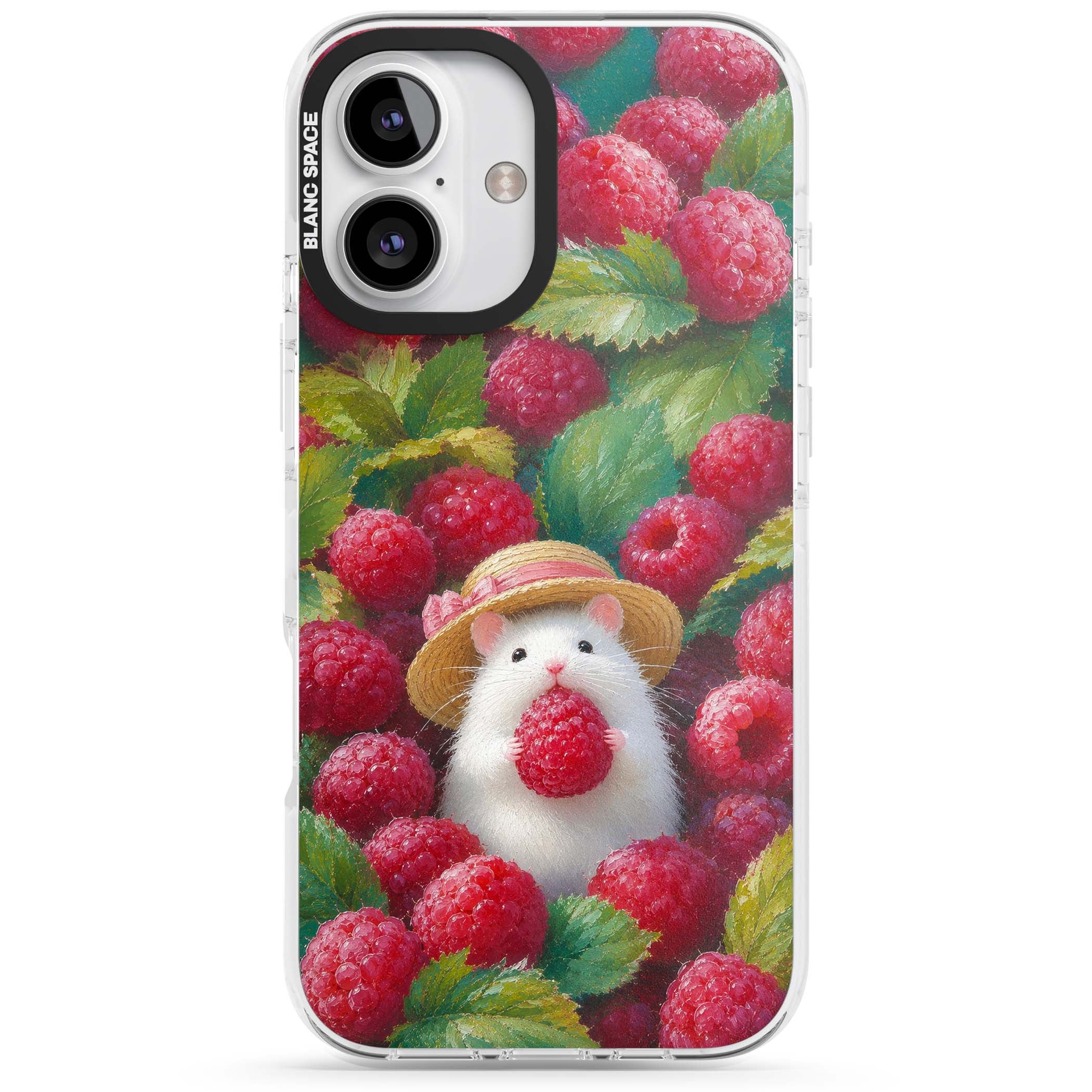 Berry Forager cottagecore iPhone case featuring a white hamster in a straw hat holding a raspberry surrounded by ripe ber | Impact Magsafe case for iPhone 16, iPhone 16 Plus