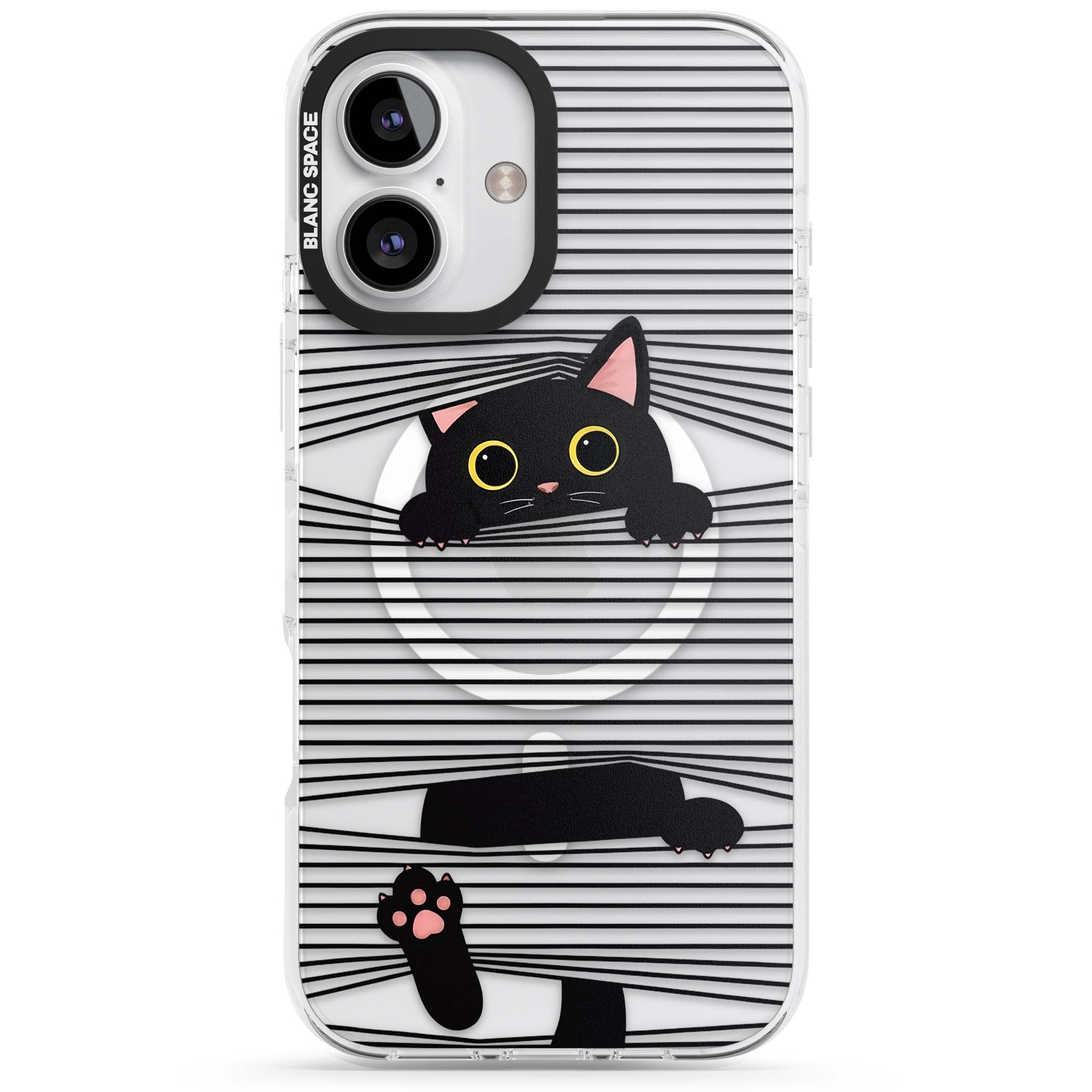 Peek-a-Boo Cat minimal iPhone case featuring black cat peeking through horizontal black and white stripes | Impact Magsafe case for iPhone 16, iPhone 16 Plus