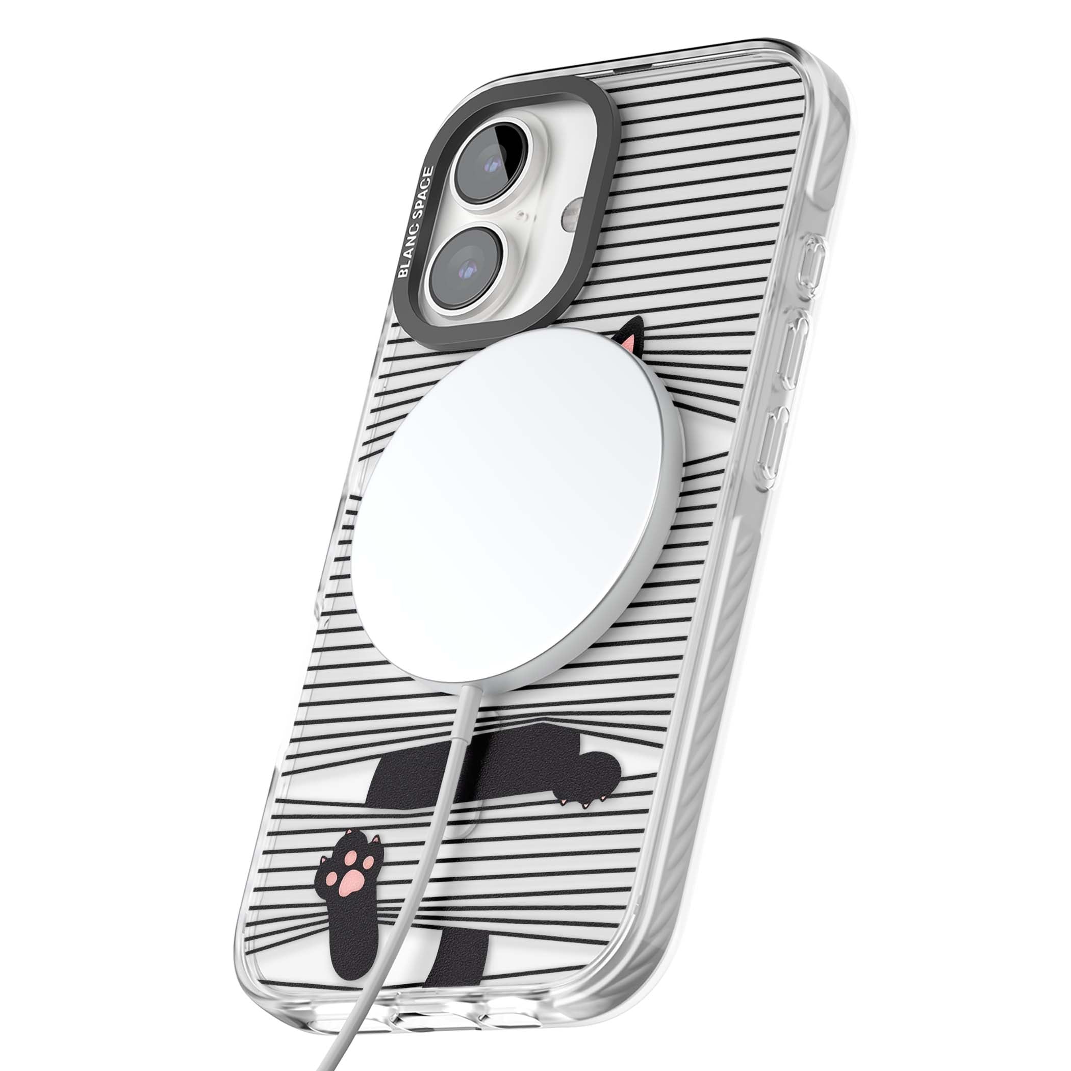 Peek-a-Boo Cat minimal iPhone case featuring black cat peeking through horizontal black and white stripes | Impact Magsafe case for iPhone 16, iPhone 16 Plus