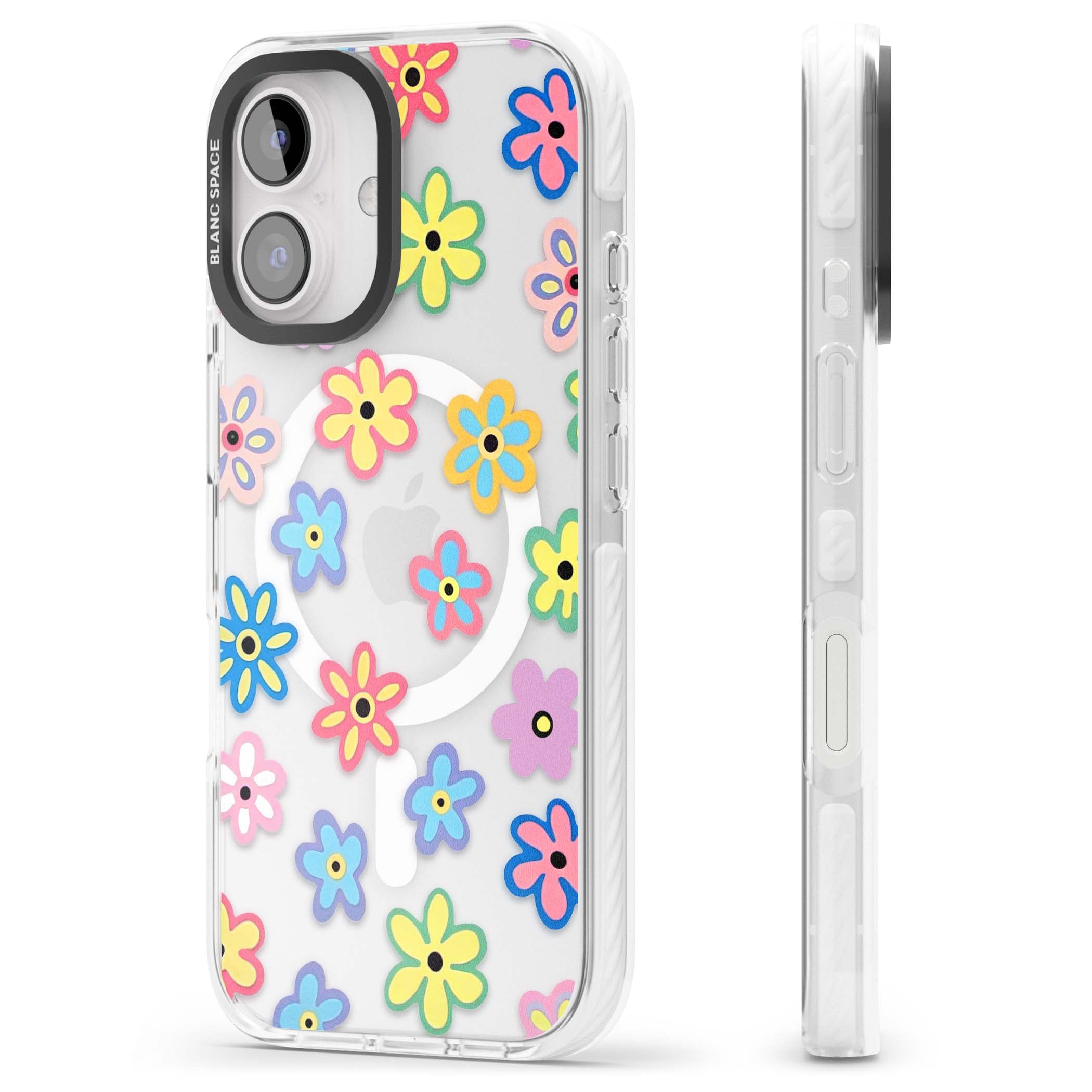 Bloom Pop cottagecore iPhone case featuring multicolor pastel flowers with black centers on clear background | Impact Magsafe case for iPhone 16, iPhone 16 Plus