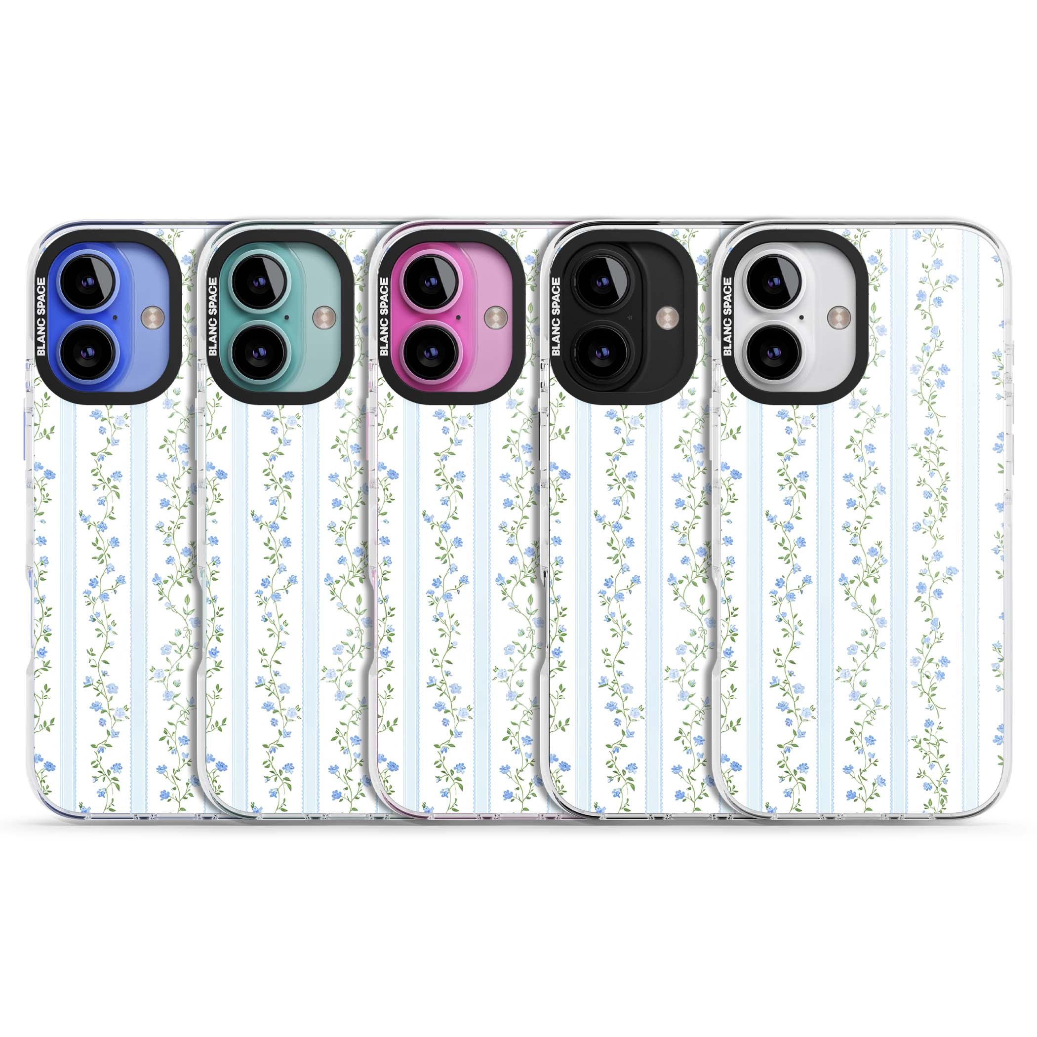 Bluebell Vine cottagecore iPhone case featuring climbing blue roses, trailing green vines, and pale ticking stripes | Impact Magsafe case for iPhone 16, iPhone 16 Plus