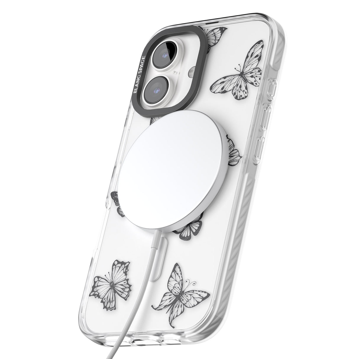 iPhone 16 Pro Max Grey Butterfly Line Pattern Black Impact Phone Case