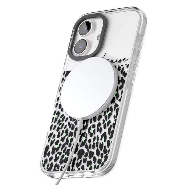 iPhone 16 Pro Max Personalised Seafoam Green & Cursive Leopard Spots Black Impact Phone Case