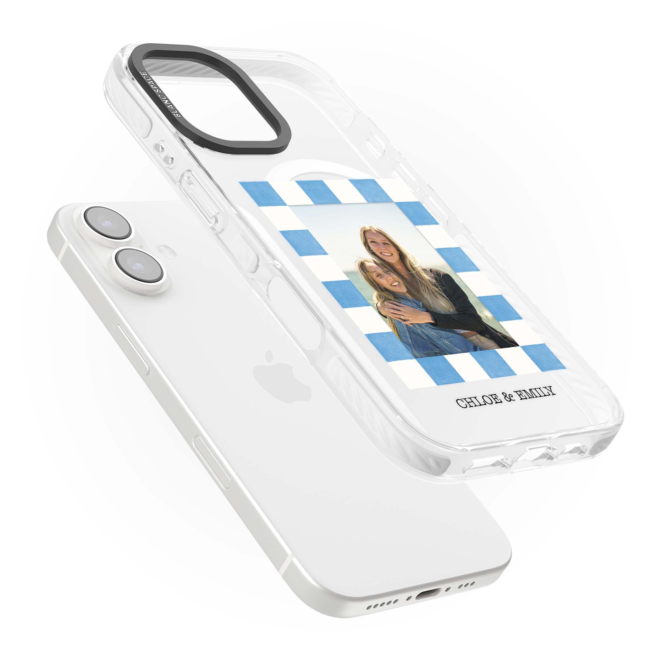 Blue Check Photo personalised photo iPhone case with blue checkered frame and custom couple names | Impact Magsafe case for iPhone 16, iPhone 16 Plus