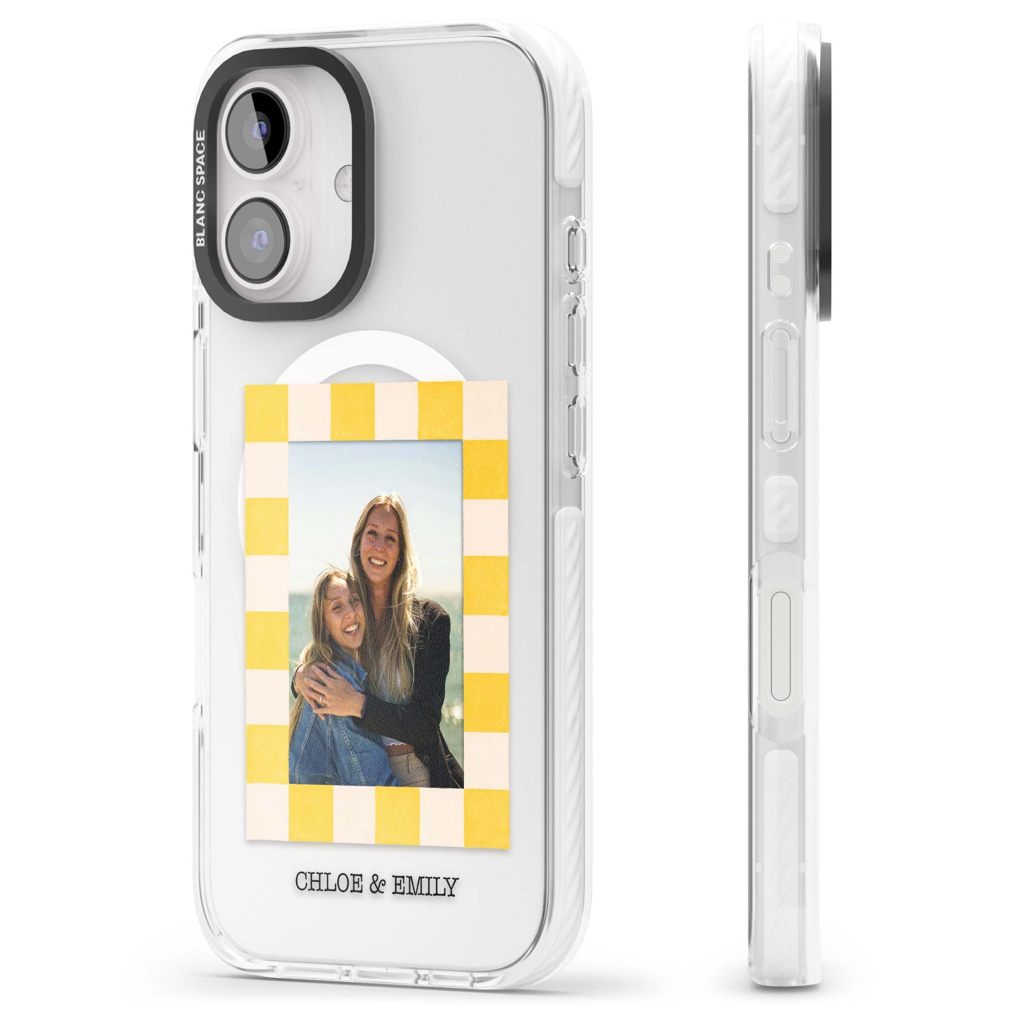 Yellow Check Photo personalised iPhone case with yellow checkered Polaroid frame and custom names beneath | Impact Magsafe case for iPhone 16, iPhone 16 Plus