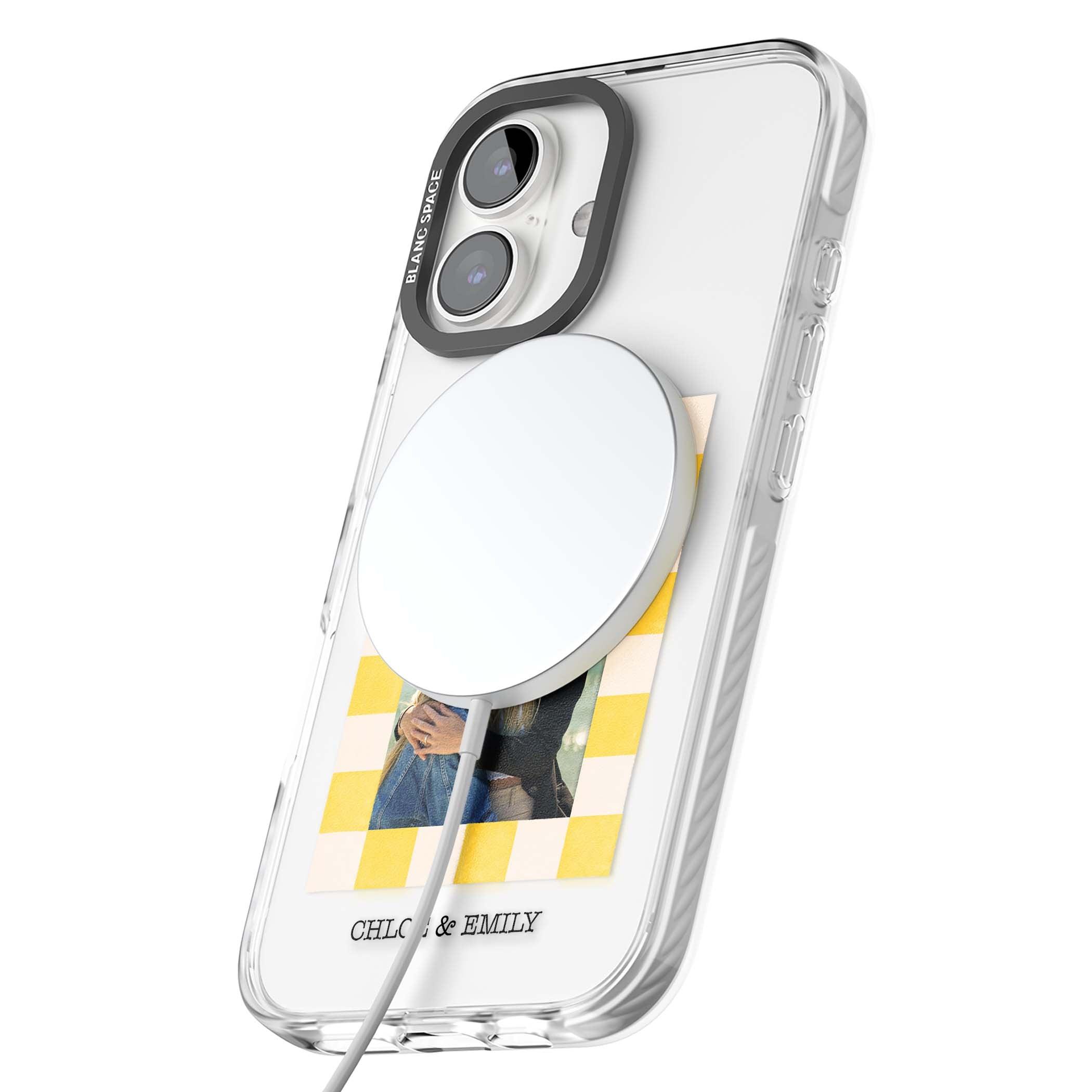Yellow Check Photo personalised iPhone case with yellow checkered Polaroid frame and custom names beneath | Impact Magsafe case for iPhone 16, iPhone 16 Plus