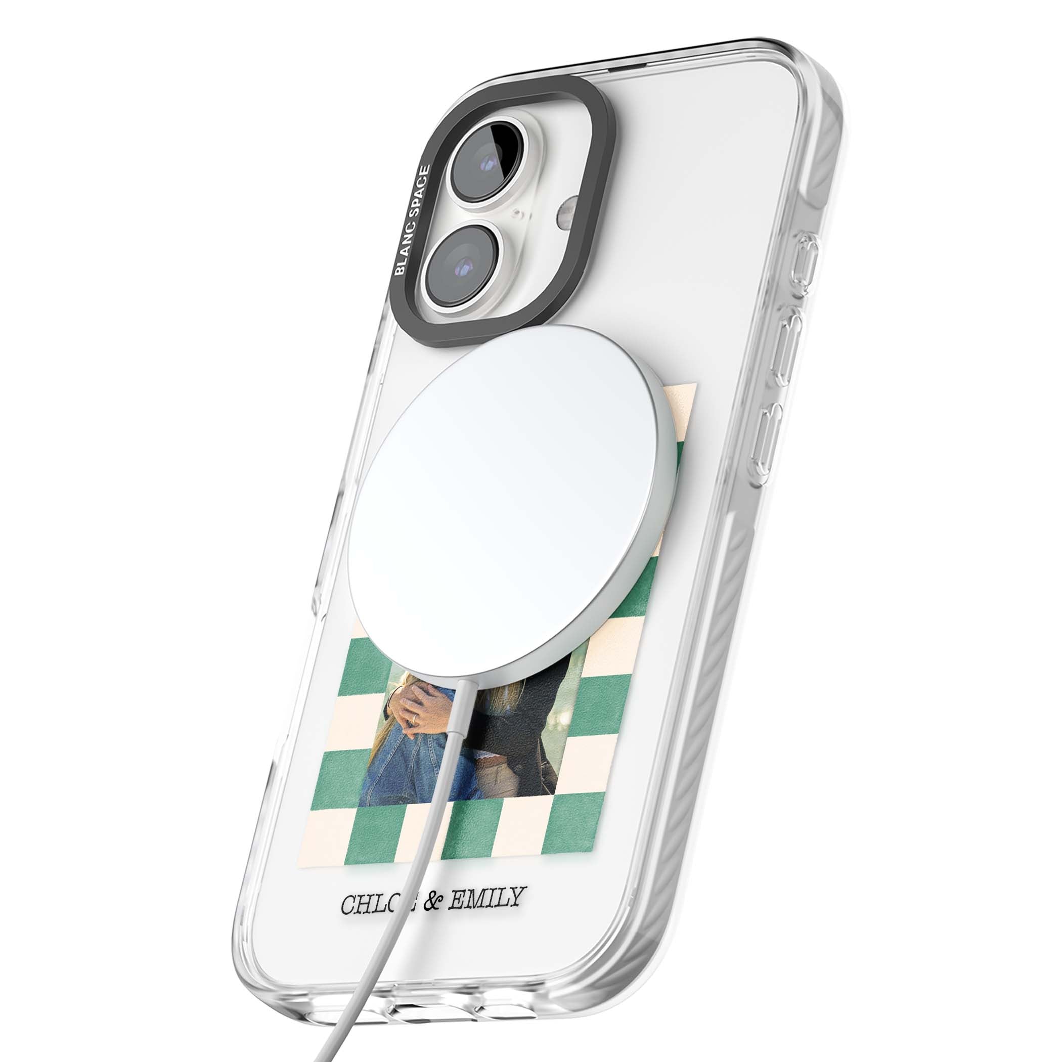 Seafoam Check Photo personalised iPhone case featuring a custom polaroid photo, green and cream checkered frame, and custom n | Impact Magsafe case for iPhone 16, iPhone 16 Plus