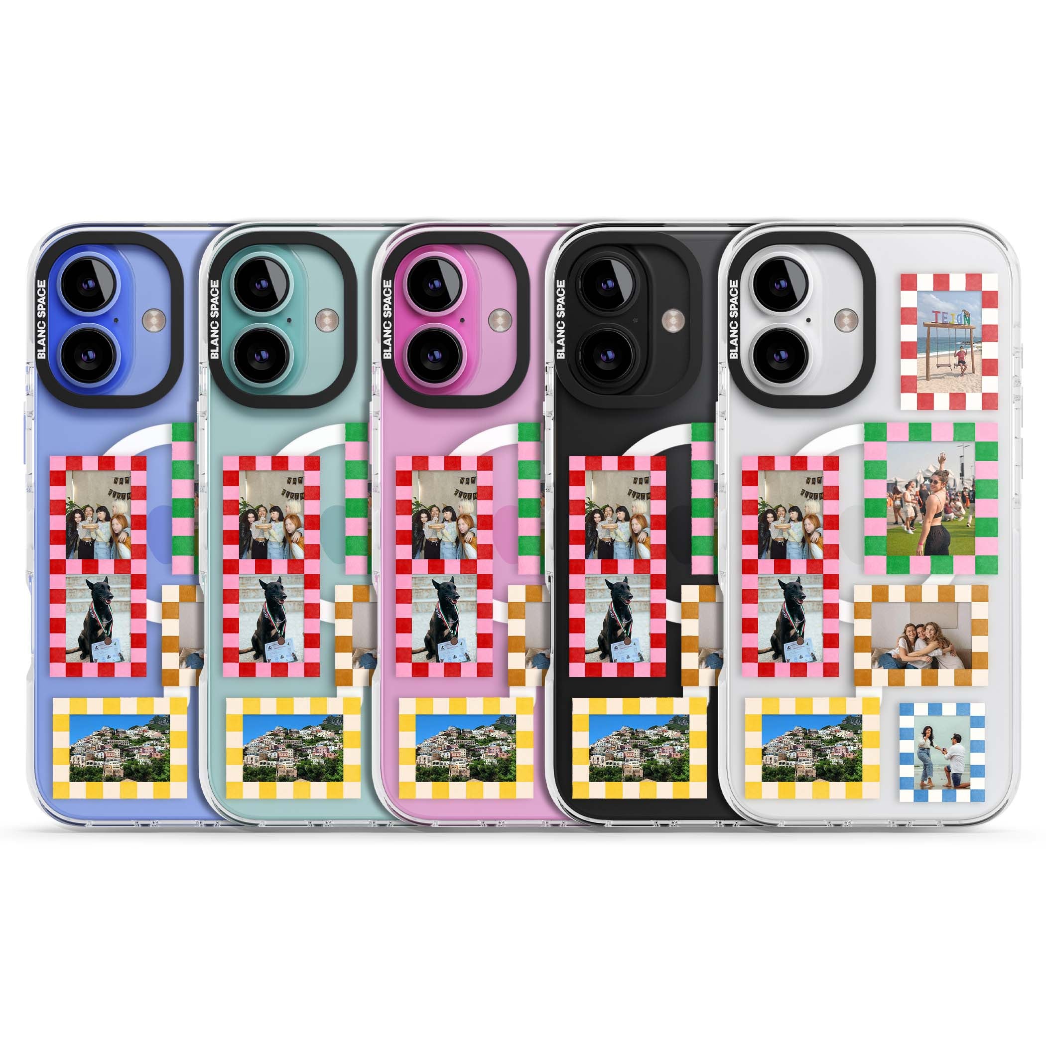 Italian Check Frames custom photo collage iPhone case featuring six checkered photo frames in red, green, pink and  | Impact Magsafe case for iPhone 16, iPhone 16 Plus