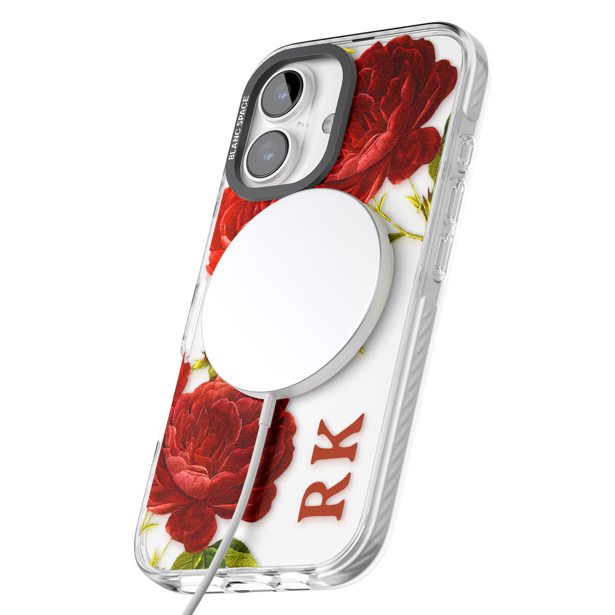 iPhone 16 Pro Max Personalised Clear Vintage Floral Red Roses Black Impact Phone Case