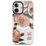 iPhone 16 Pro Max Personalised Clear Vintage Floral Pale Pink Peonies Black Impact Phone Case