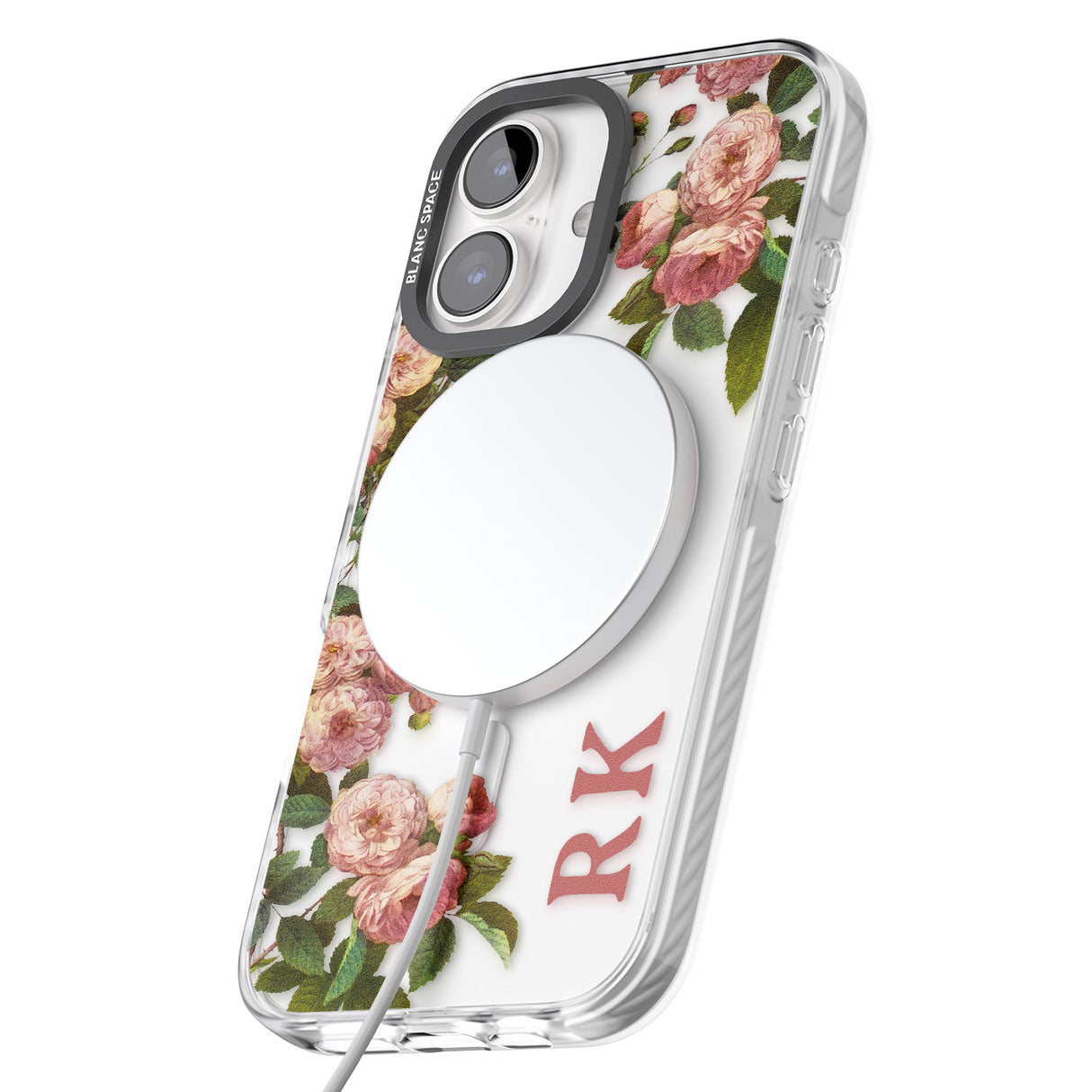 iPhone 16 Pro Max Personalised Clear Vintage Floral Pink Garden Roses Black Impact Phone Case