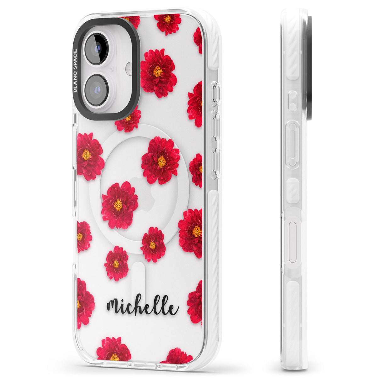 iPhone 16 Pro Max Personalised Red Peonies & Cursive Black Impact Phone Case