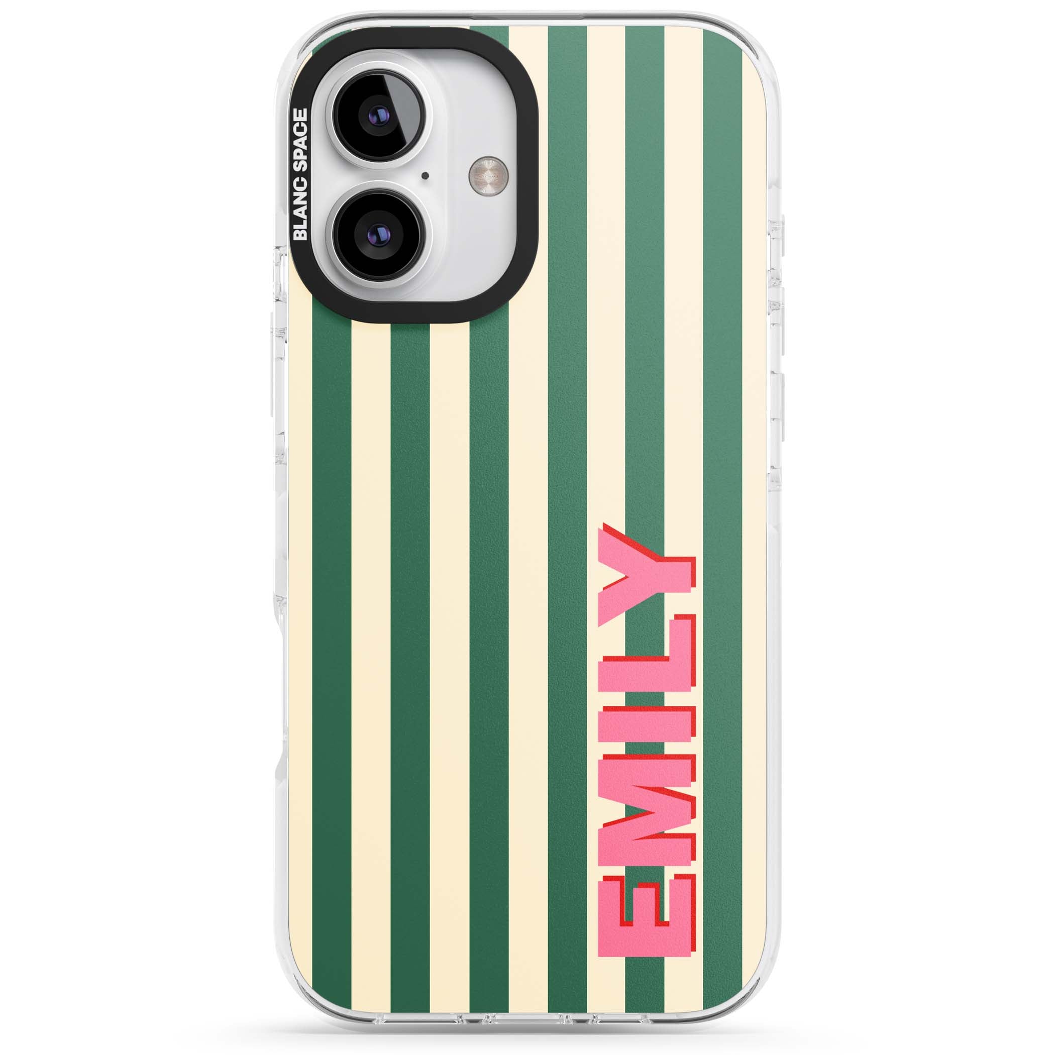 Wimbledon Stripe preppy iPhone case featuring green and cream vertical stripes with a personalised pink name | Impact Magsafe case for iPhone 16, iPhone 16 Plus