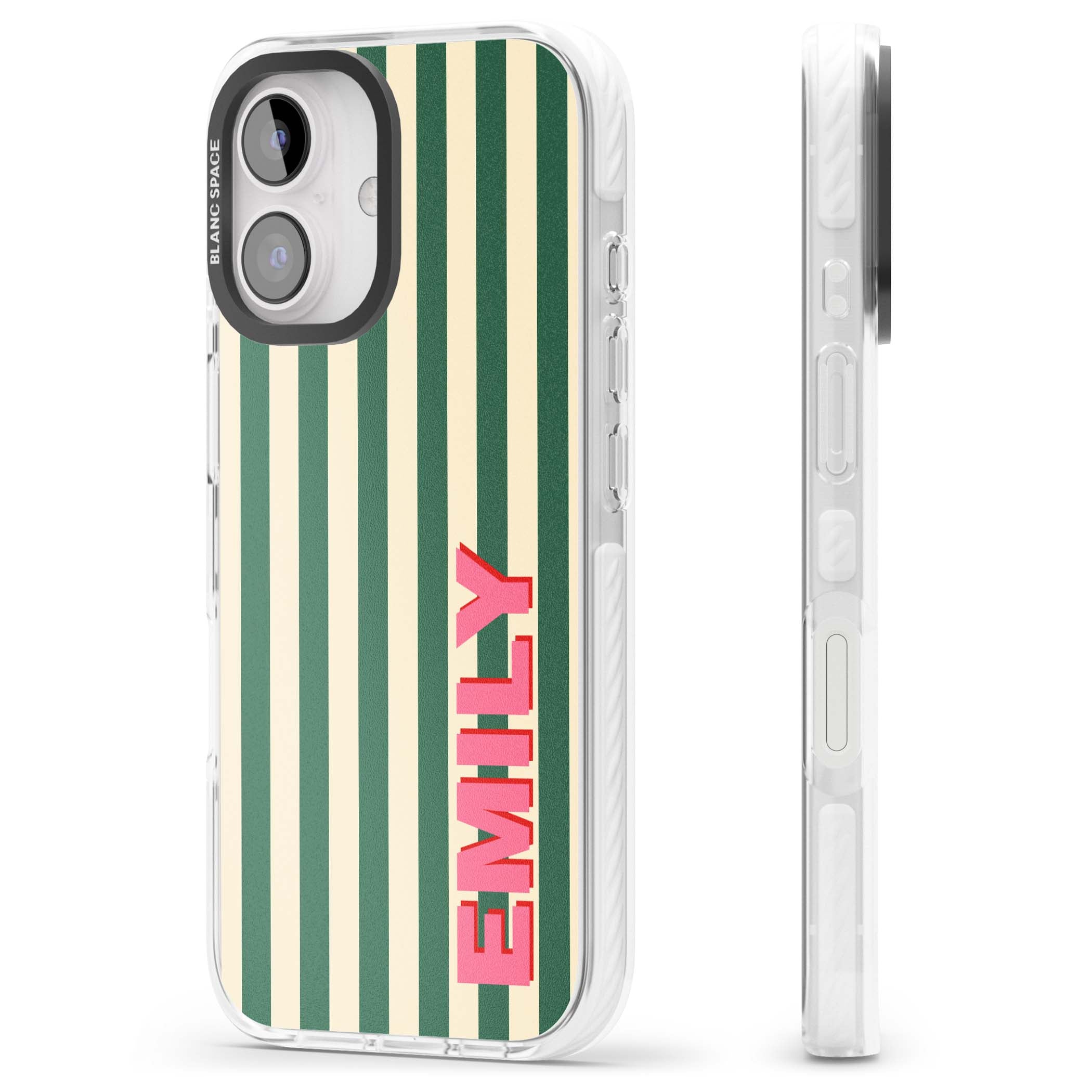 Wimbledon Stripe preppy iPhone case featuring green and cream vertical stripes with a personalised pink name | Impact Magsafe case for iPhone 16, iPhone 16 Plus