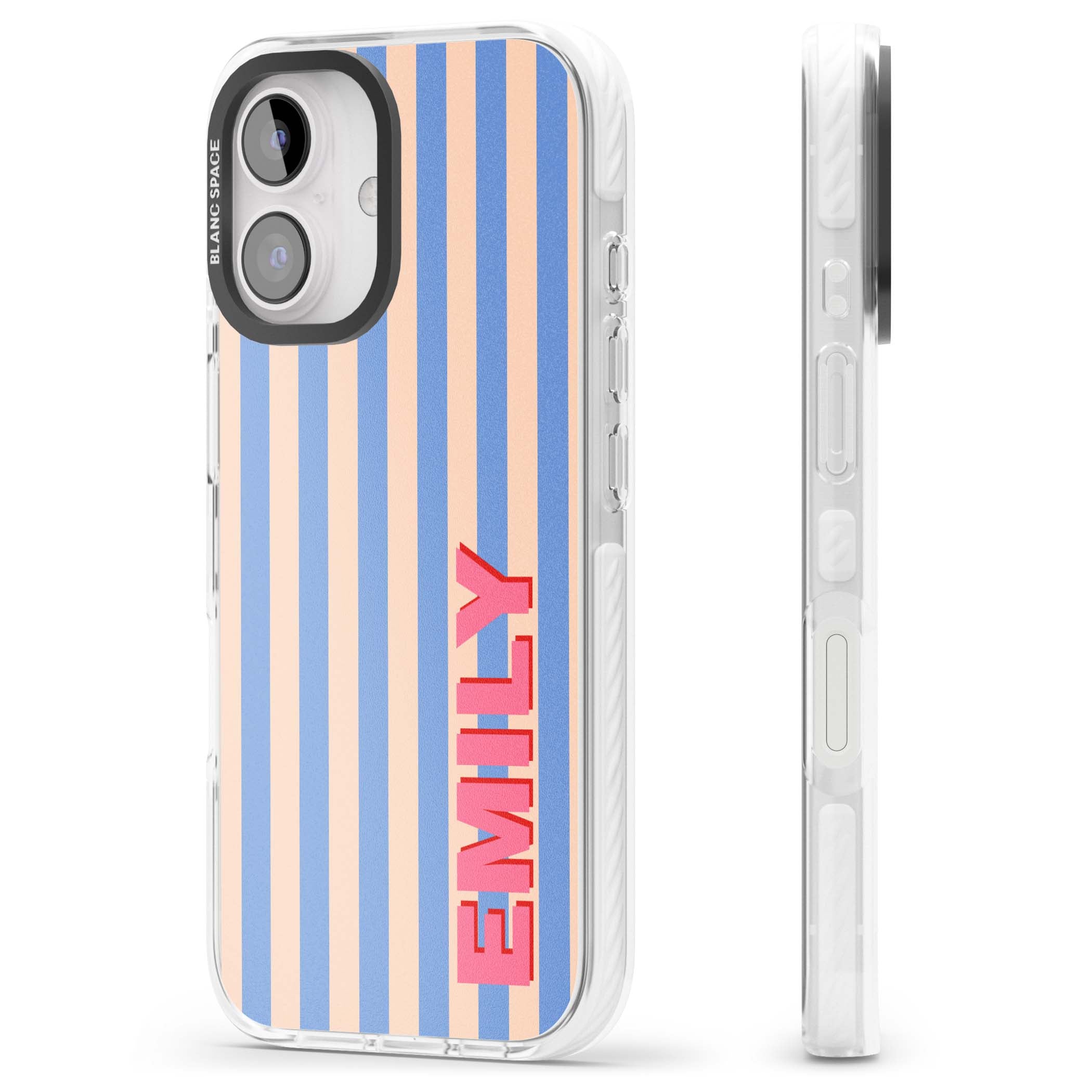 Coastal Stripe personalised coastal iPhone case with blue and peach vertical stripes and custom pink name | Impact Magsafe case for iPhone 16, iPhone 16 Plus