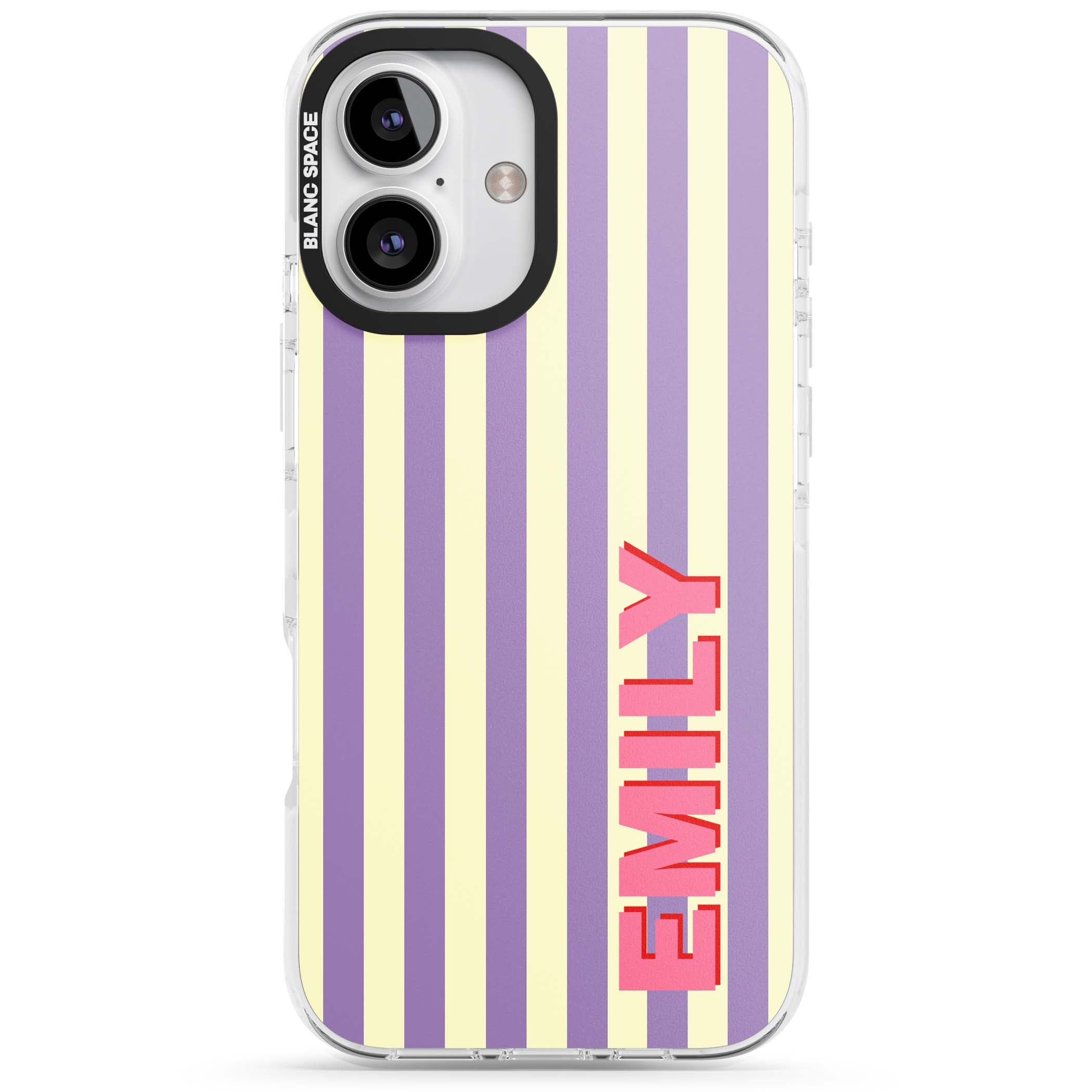 Valensole Stripe personalised iPhone case with purple and cream vertical stripes and pink custom name | Impact Magsafe case for iPhone 16, iPhone 16 Plus