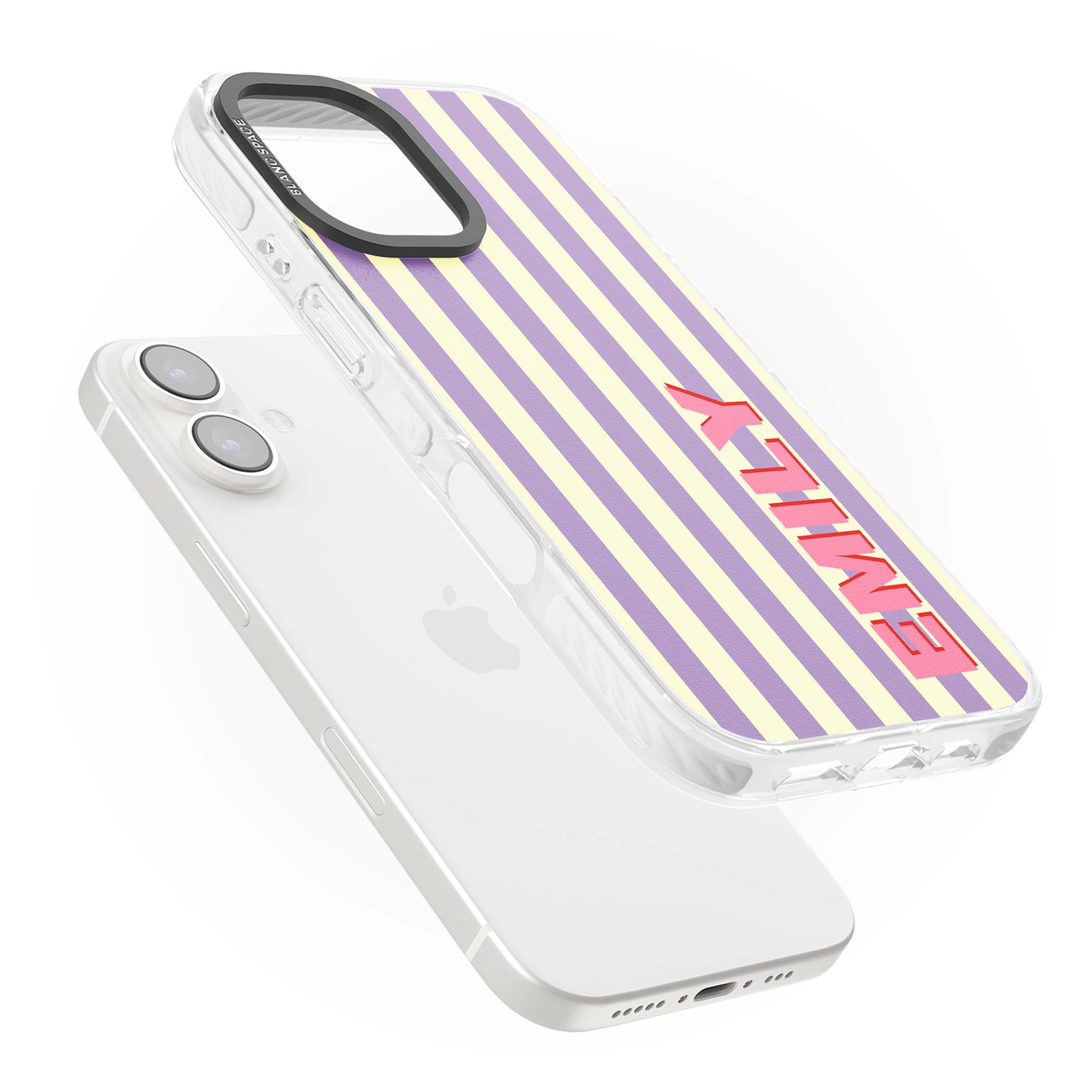 Valensole Stripe personalised iPhone case with purple and cream vertical stripes and pink custom name | Impact Magsafe case for iPhone 16, iPhone 16 Plus