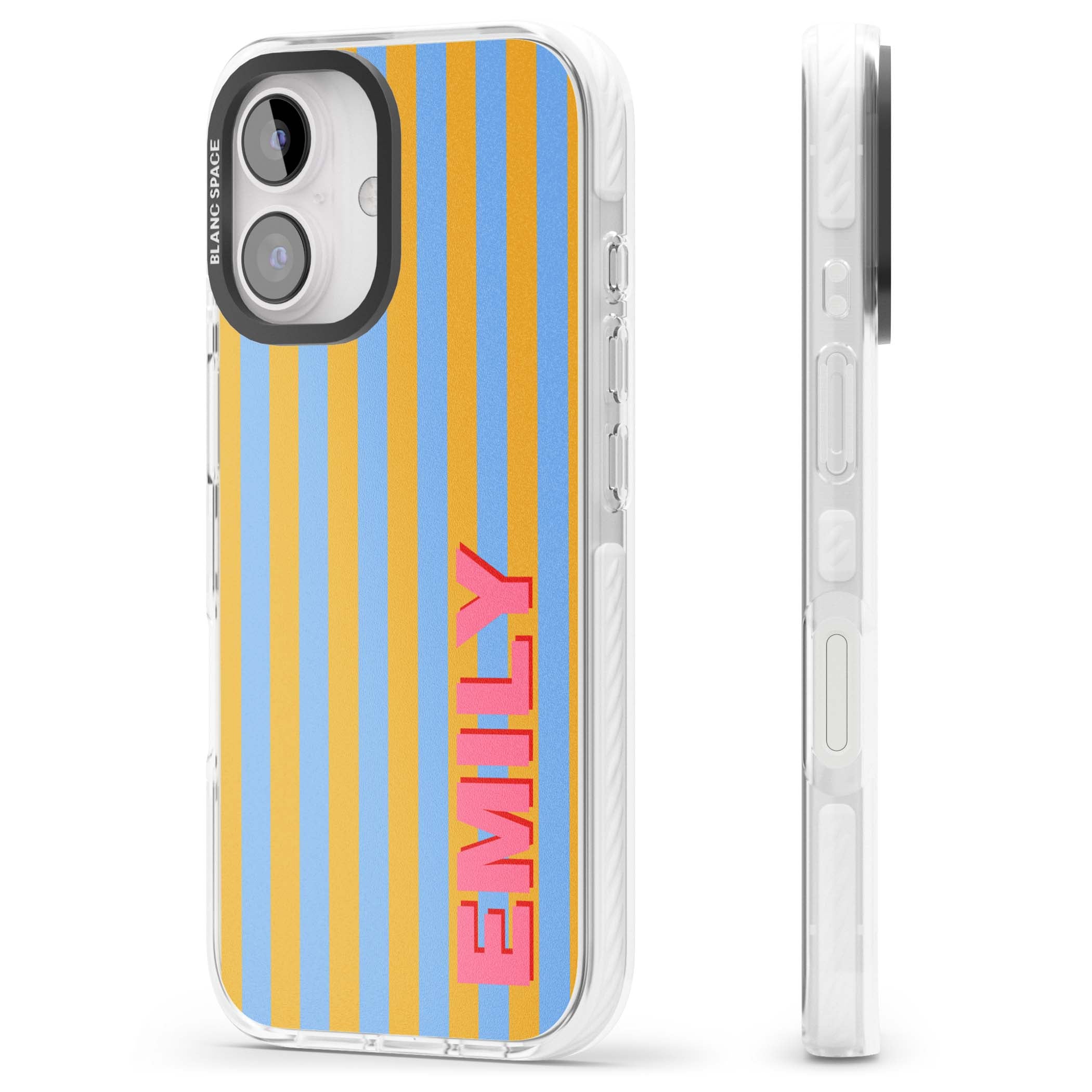 Carribean Stripe personalised coastal iPhone case with yellow and blue vertical stripes and a custom pink name | Impact Magsafe case for iPhone 16, iPhone 16 Plus
