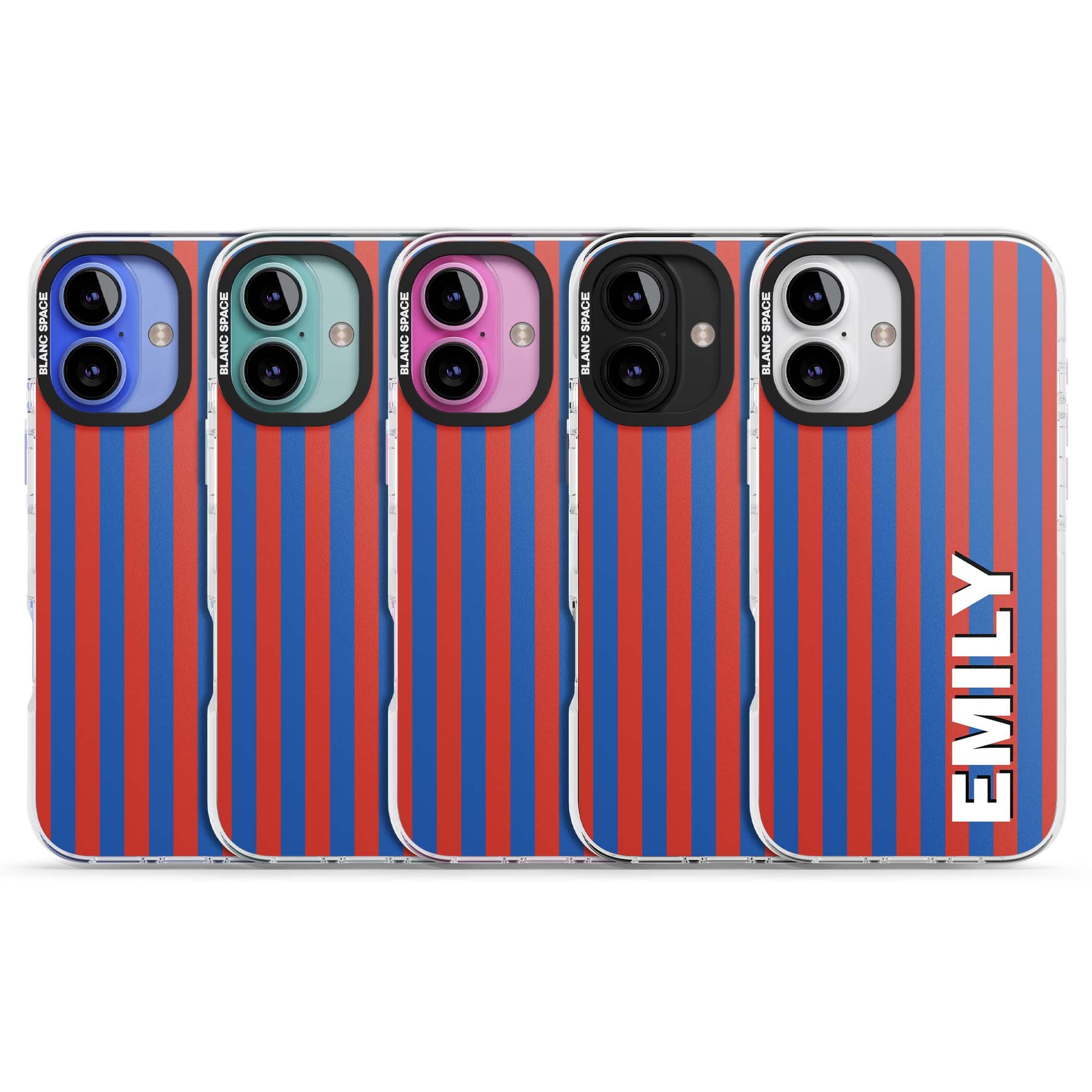 Cuban Stripe personalised iPhone case featuring red and blue vertical stripes with custom name in bold white letters | Impact Magsafe case for iPhone 16, iPhone 16 Plus