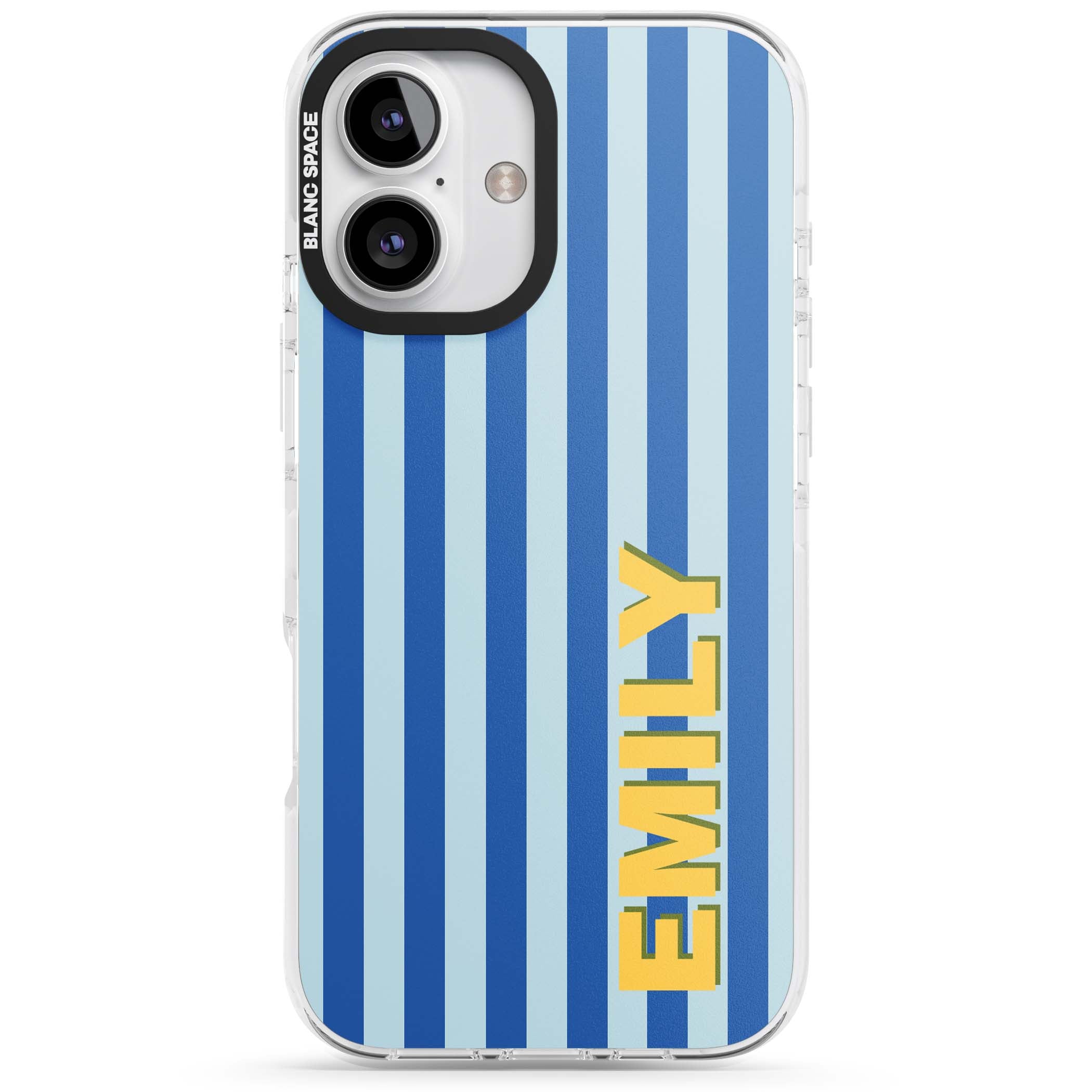 Athenian Stripe personalised preppy iPhone case featuring blue vertical stripes and a custom yellow name | Impact Magsafe case for iPhone 16, iPhone 16 Plus