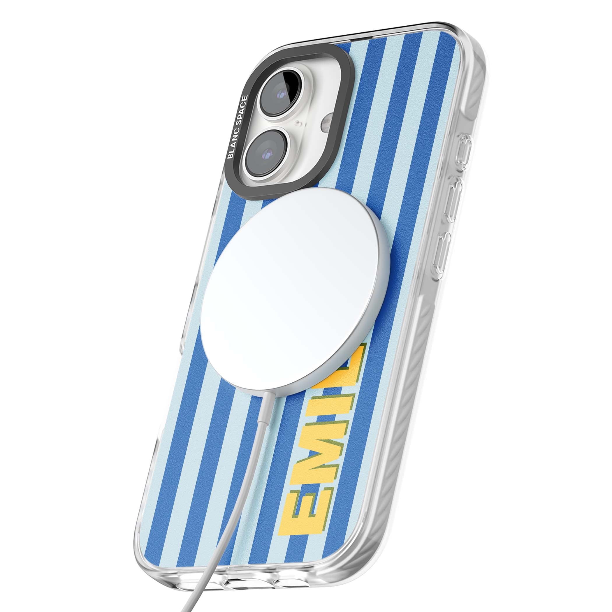Athenian Stripe personalised preppy iPhone case featuring blue vertical stripes and a custom yellow name | Impact Magsafe case for iPhone 16, iPhone 16 Plus