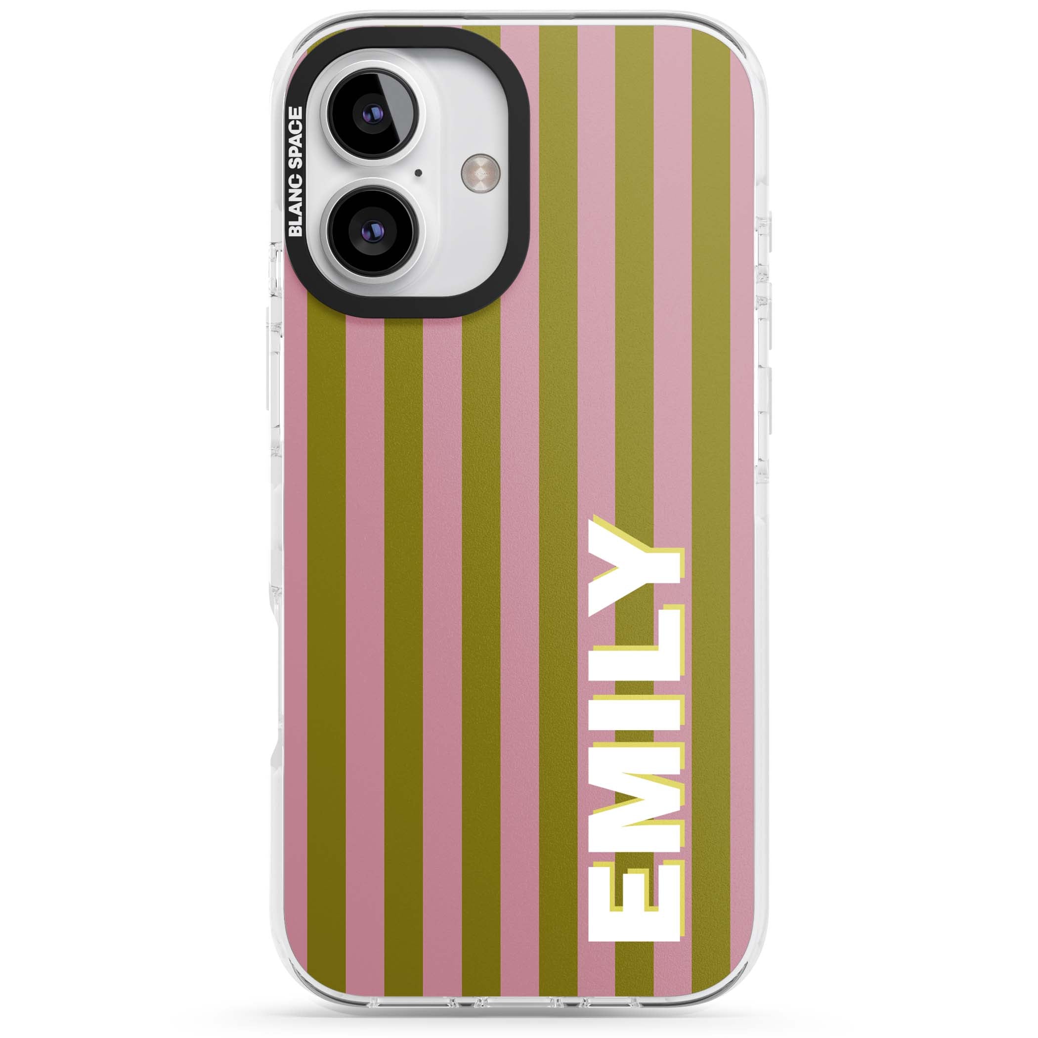Istanbul Stripe personalised iPhone case featuring pink and olive green vertical stripes with a custom vertical name | Impact Magsafe case for iPhone 16, iPhone 16 Plus