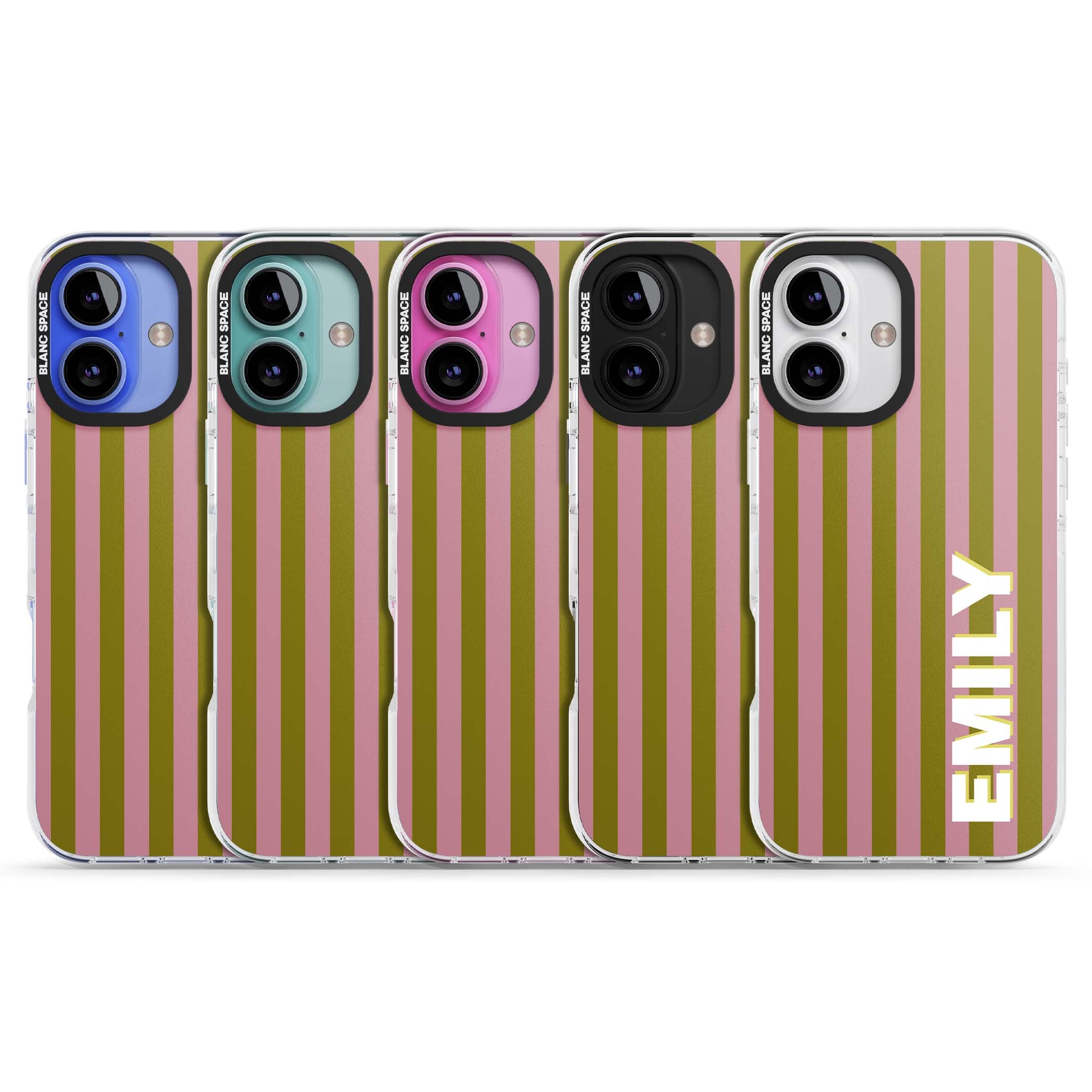 Istanbul Stripe personalised iPhone case featuring pink and olive green vertical stripes with a custom vertical name | Impact Magsafe case for iPhone 16, iPhone 16 Plus
