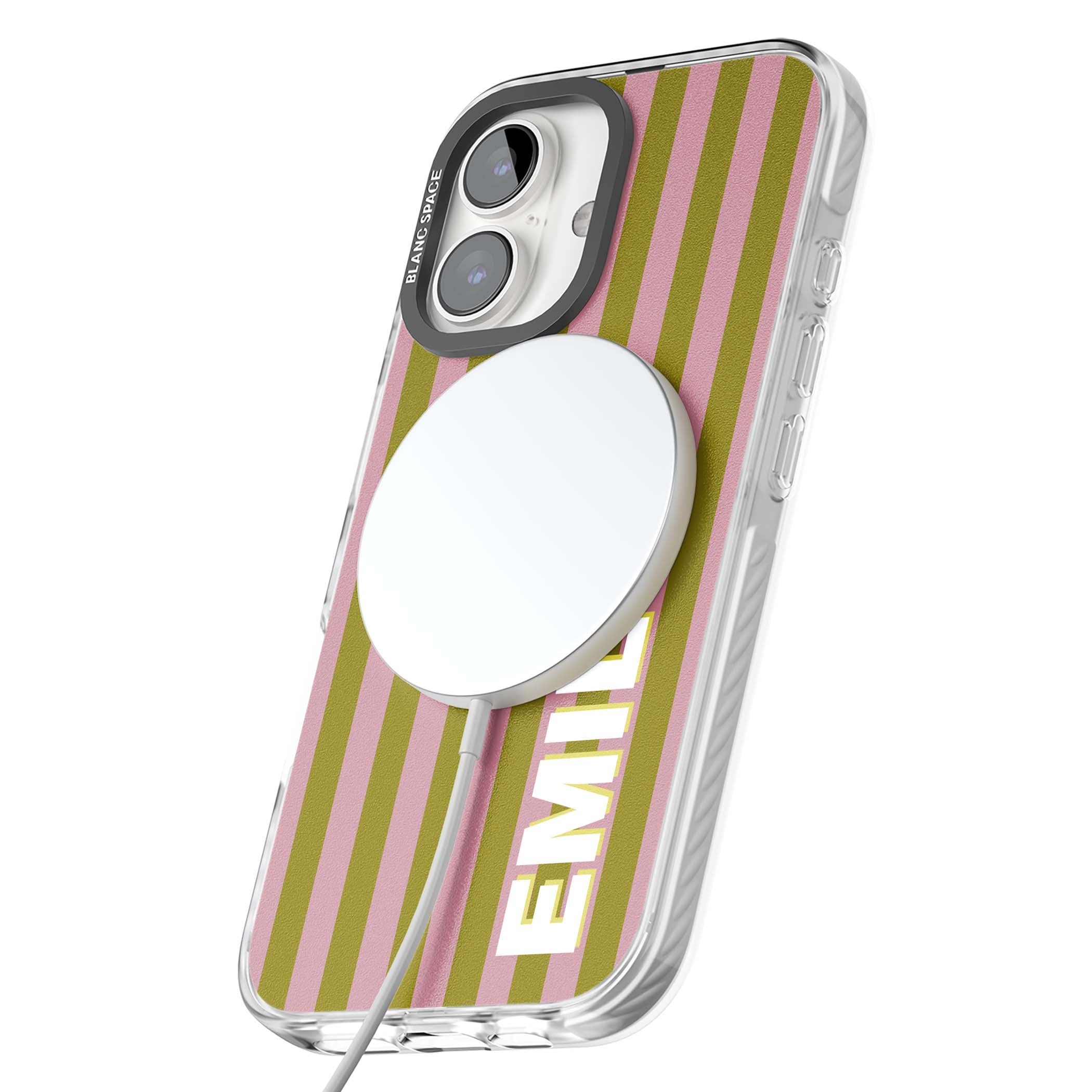 Istanbul Stripe personalised iPhone case featuring pink and olive green vertical stripes with a custom vertical name | Impact Magsafe case for iPhone 16, iPhone 16 Plus