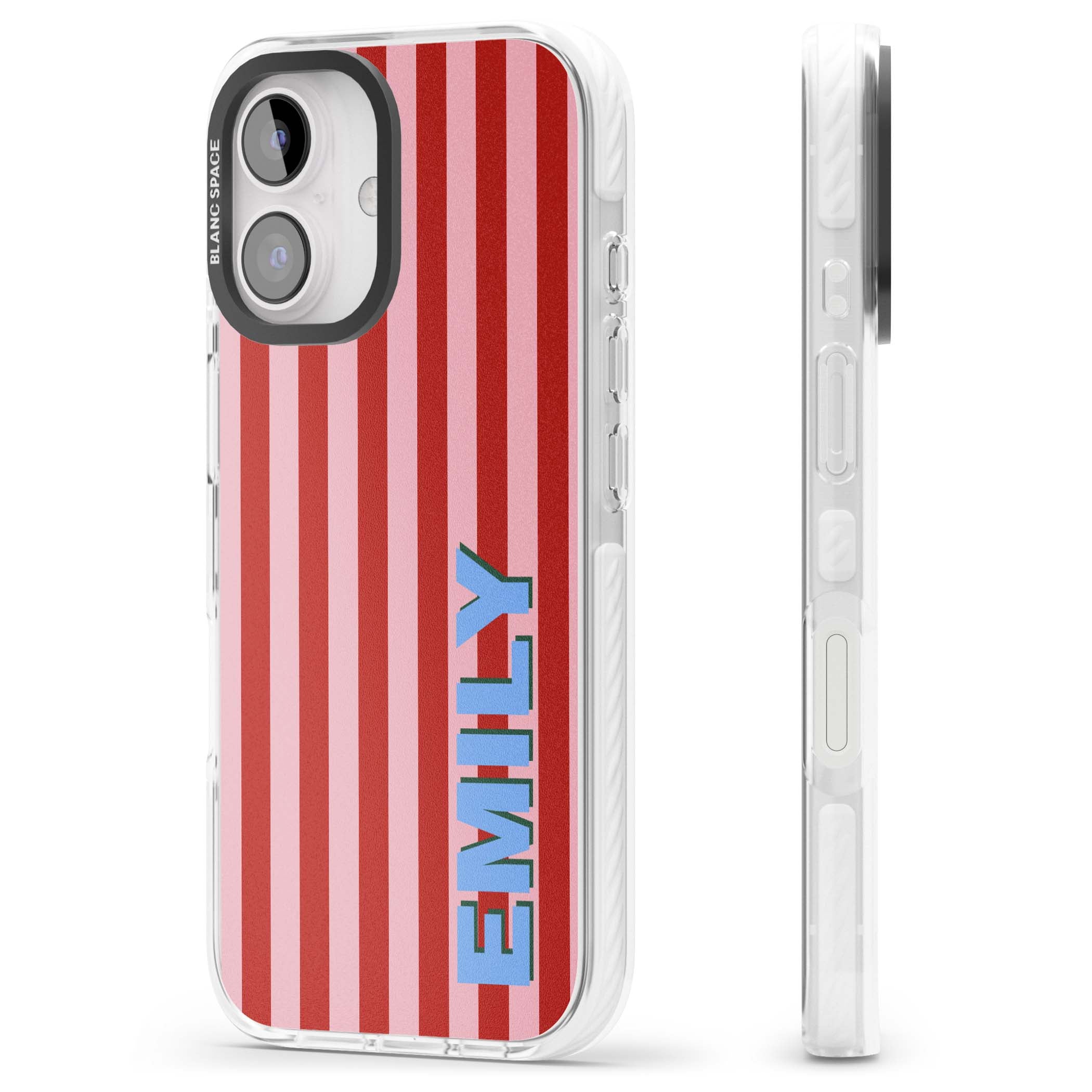 Market Stripe personalised iPhone case with red and pink vertical stripes and custom blue name | Impact Magsafe case for iPhone 16, iPhone 16 Plus