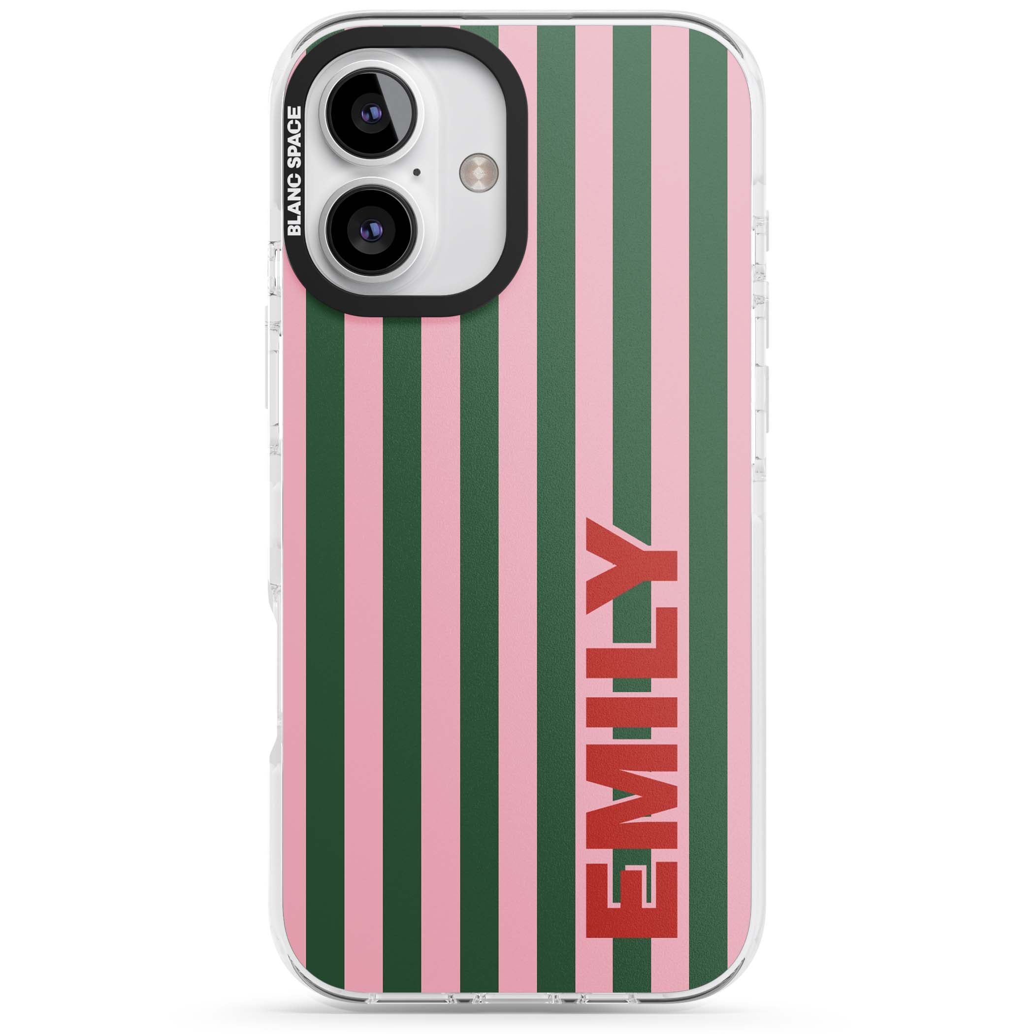 Italian Stripe preppy iPhone case featuring pink and green vertical stripes with personalised red name | Impact Magsafe case for iPhone 16, iPhone 16 Plus