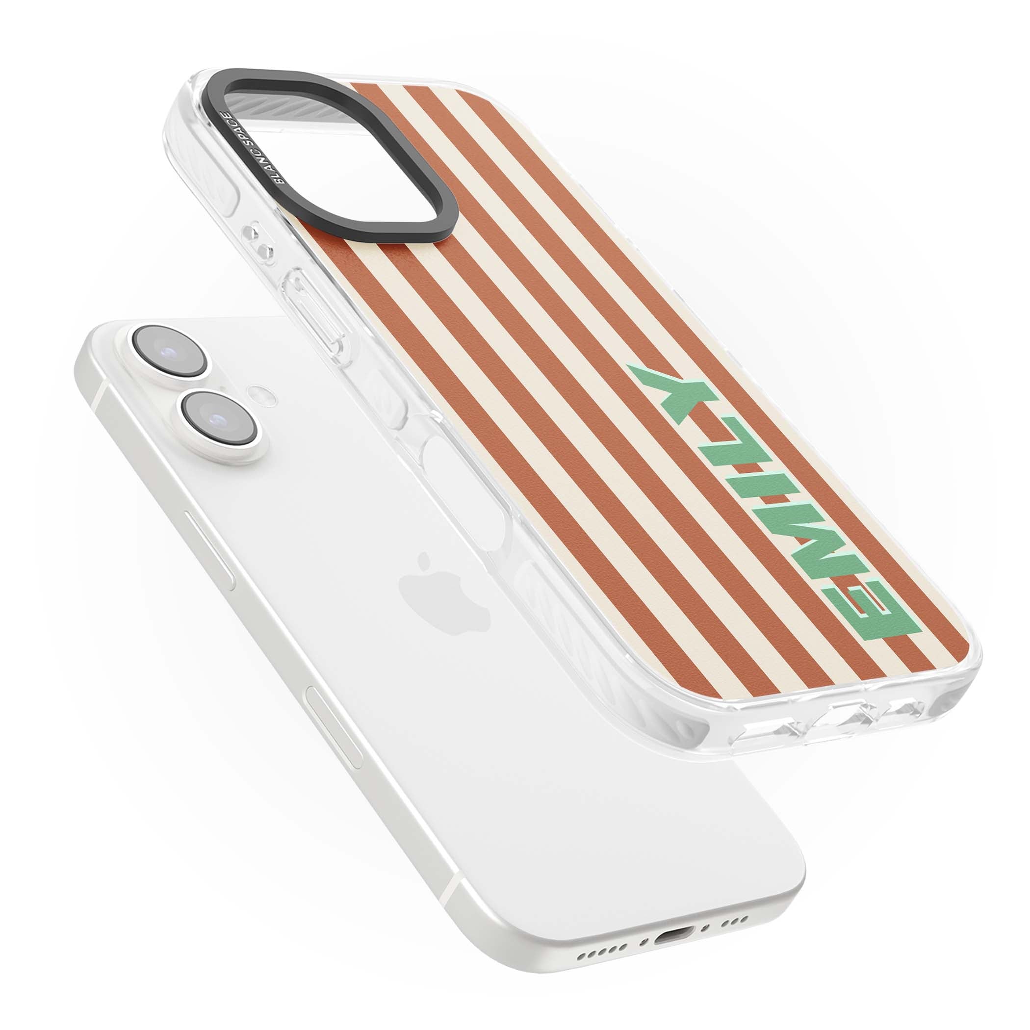 Dune Stripe personalised iPhone case with rust and cream vertical stripes and custom name in mint green | Impact Magsafe case for iPhone 16, iPhone 16 Plus