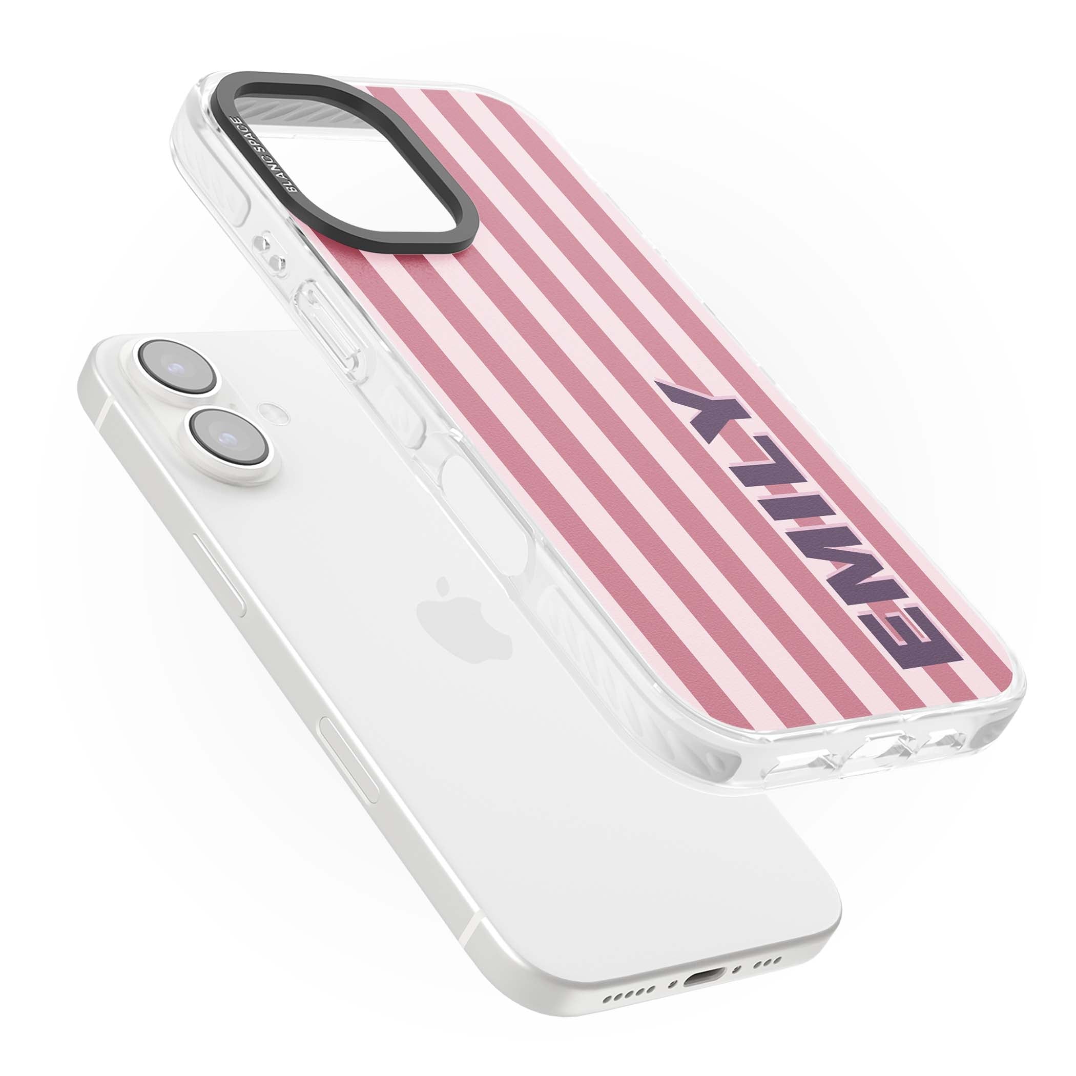 Victoria Stripe personalised iPhone case featuring pink vertical stripes and custom name in bold plum lettering | Impact Magsafe case for iPhone 16, iPhone 16 Plus