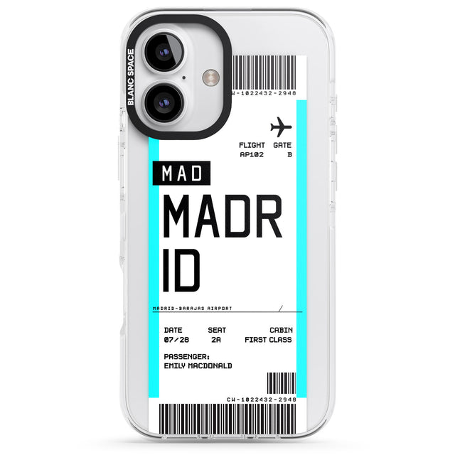 iPhone 16 Pro Max Personalised Madrid Boarding Pass Black Impact Phone Case