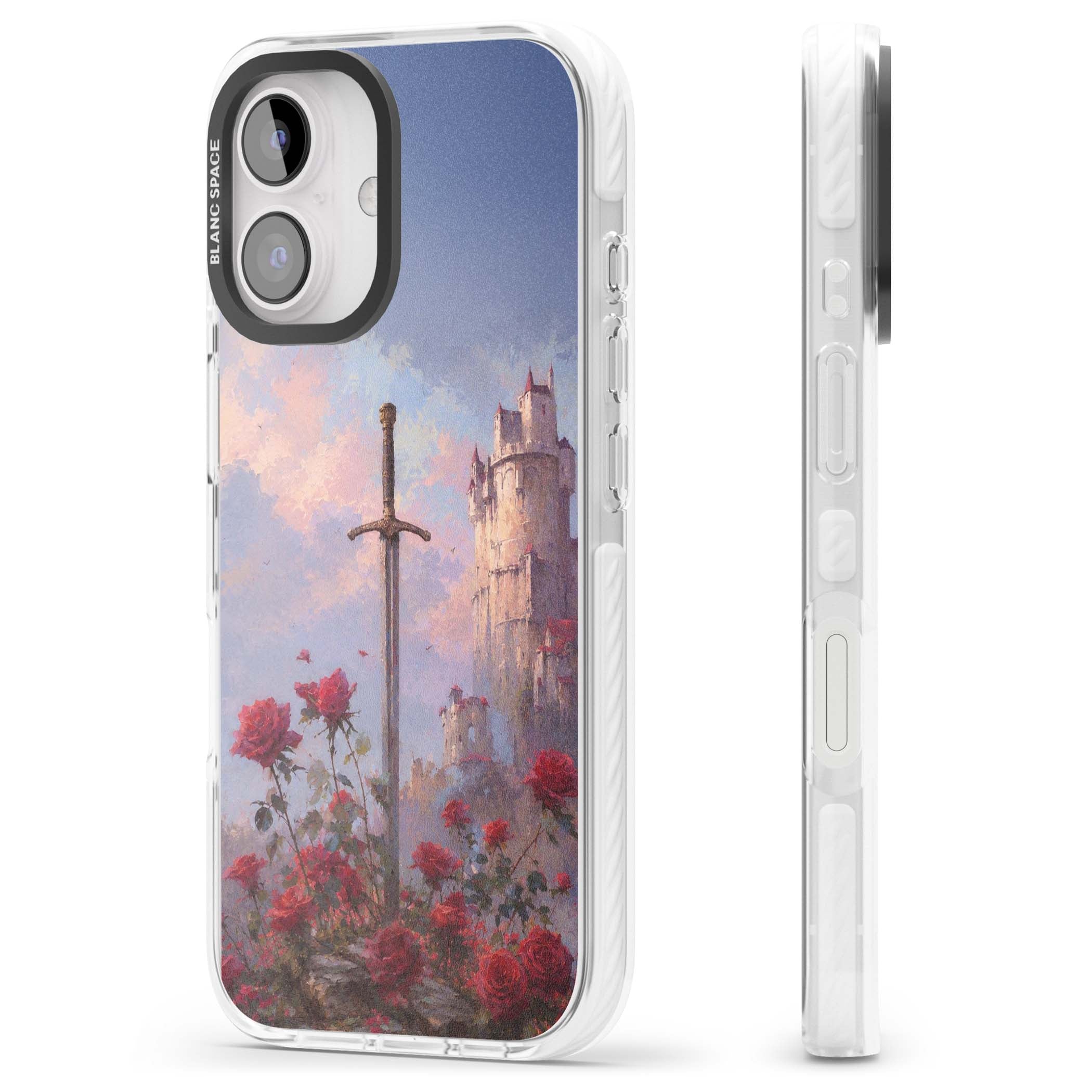 Sword in Roses medieval art iPhone case featuring a sword, red roses, and a misty fairytale castle at sunset | Impact Magsafe case for iPhone 16, iPhone 16 Plus