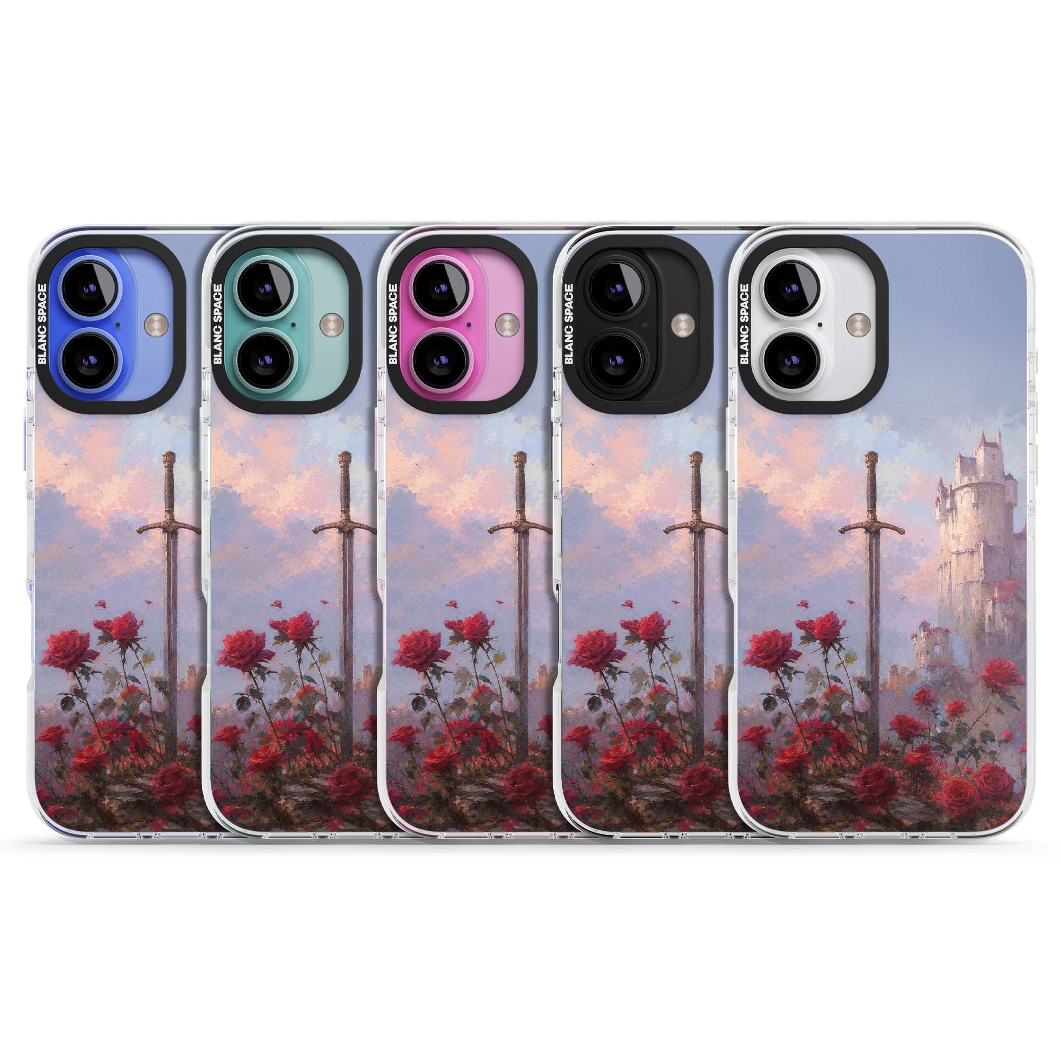 Sword in Roses medieval art iPhone case featuring a sword, red roses, and a misty fairytale castle at sunset | Impact Magsafe case for iPhone 16, iPhone 16 Plus