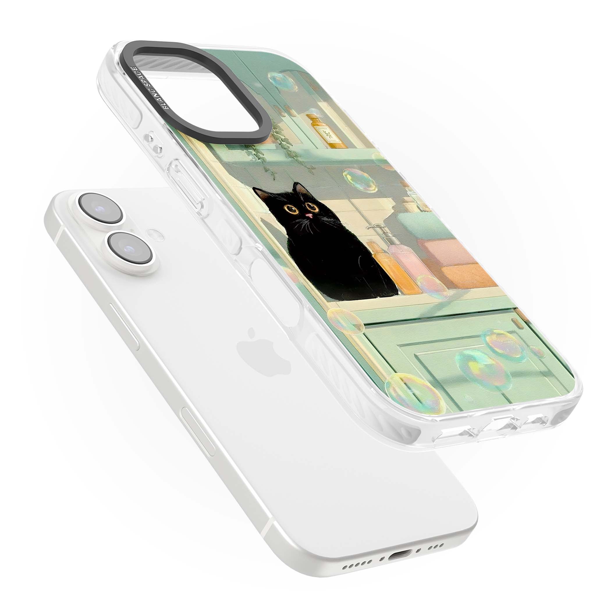 Bathroom Bubble Kitty cottagecore iPhone case featuring a black cat, mint bathroom scene and floating soap bubbles | Impact Magsafe case for iPhone 16, iPhone 16 Plus