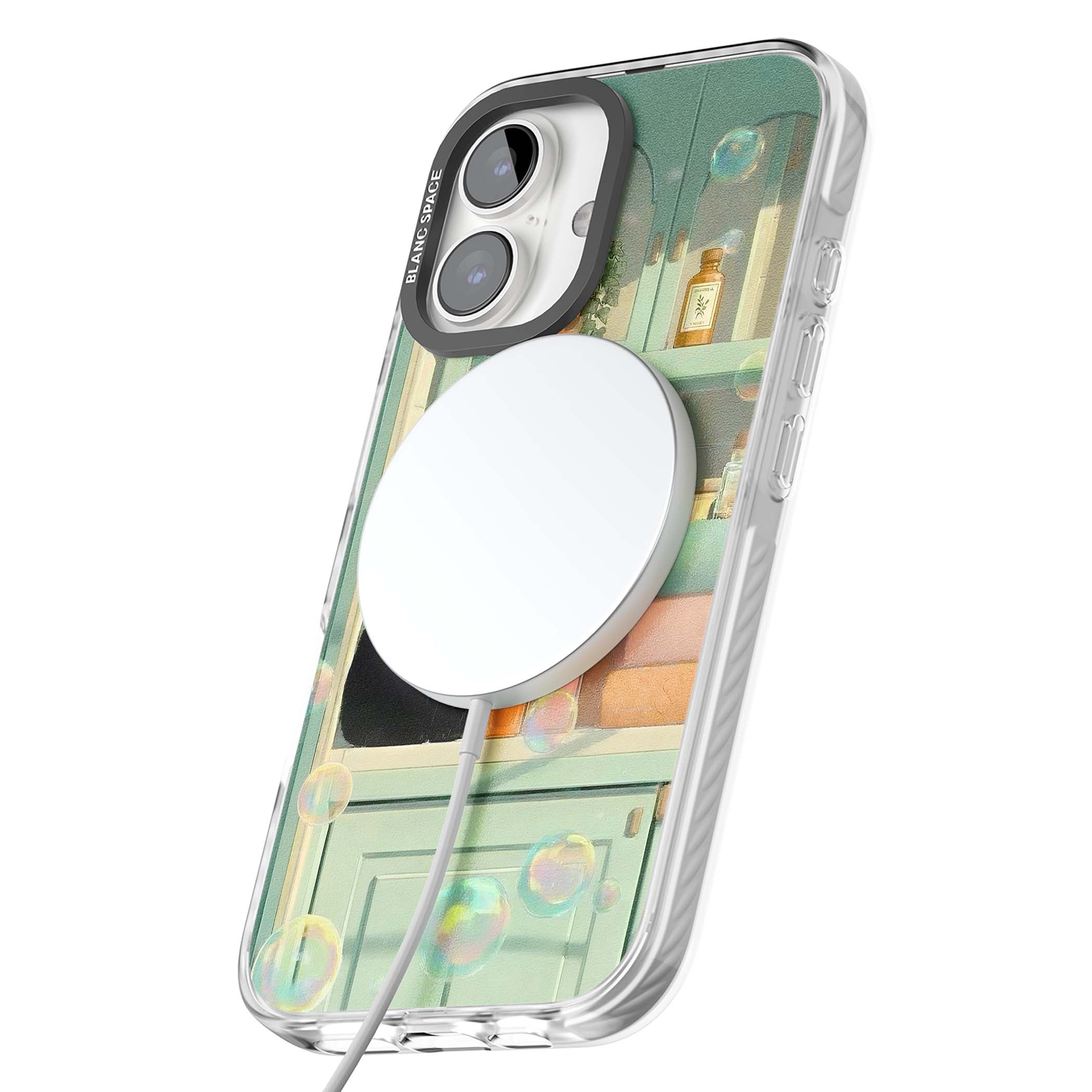 Bathroom Bubble Kitty cottagecore iPhone case featuring a black cat, mint bathroom scene and floating soap bubbles | Impact Magsafe case for iPhone 16, iPhone 16 Plus
