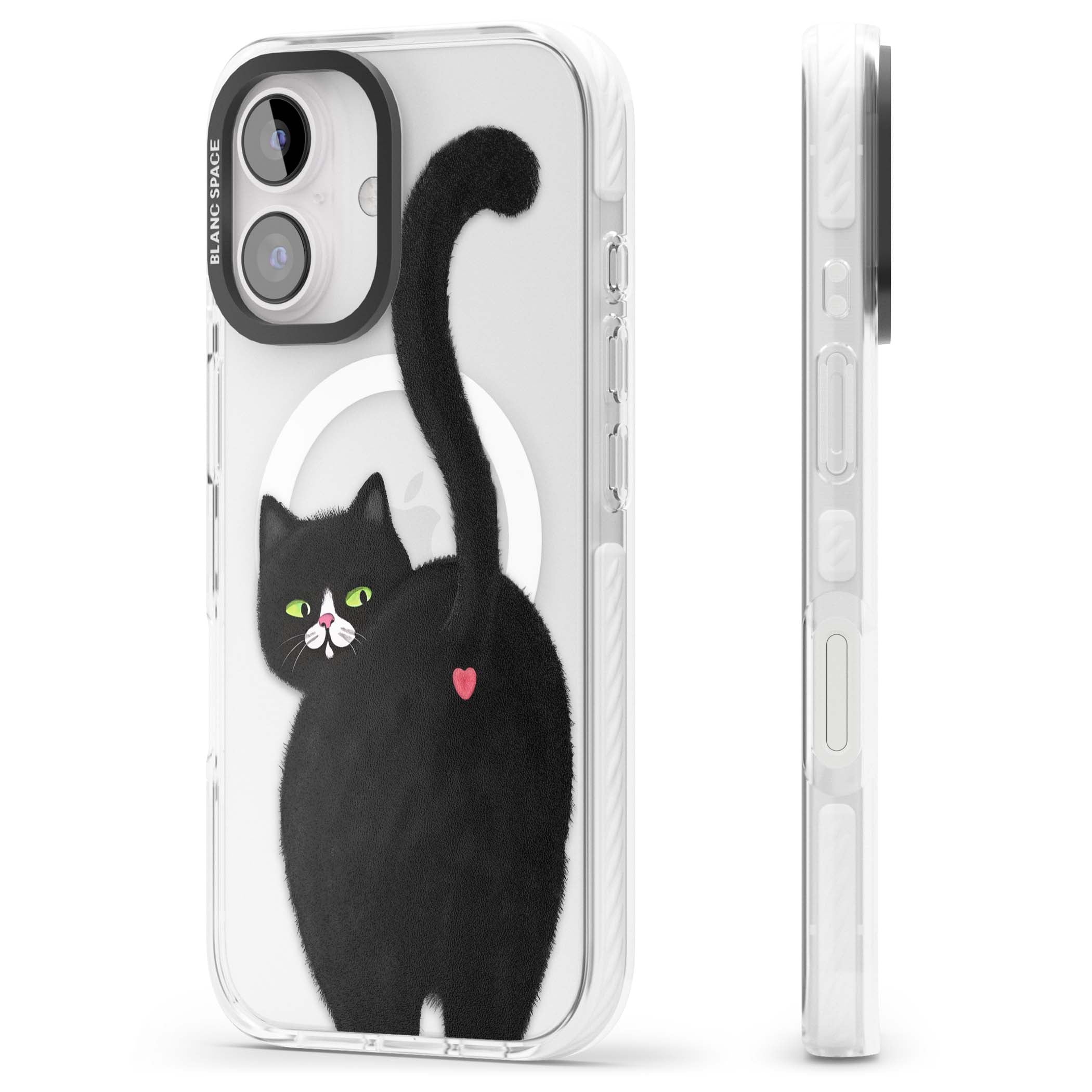 The Cat's Kiss cute cat iPhone case featuring a hand-painted tuxedo kitty with green eyes and a pink heart on a clear  | Impact Magsafe case for iPhone 16, iPhone 16 Plus