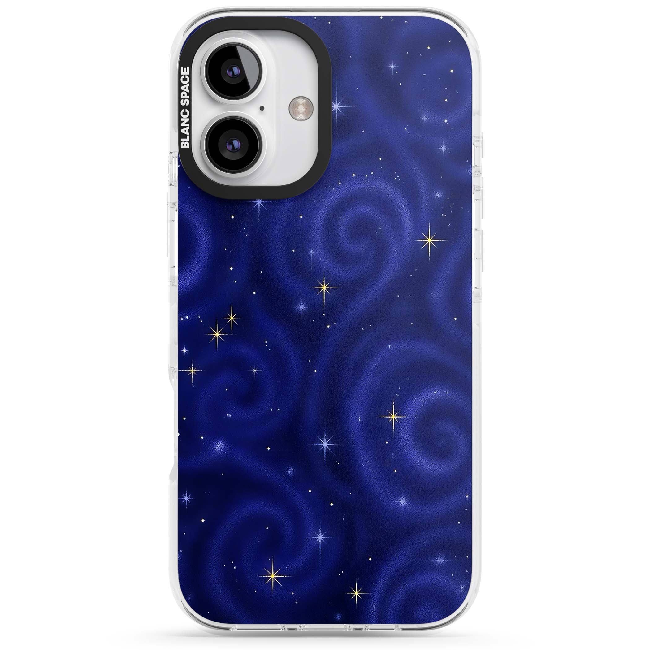 Indigo Cosmos celestial iPhone case featuring swirling navy night sky and sparkling golden stars | Impact Magsafe case for iPhone 16, iPhone 16 Plus