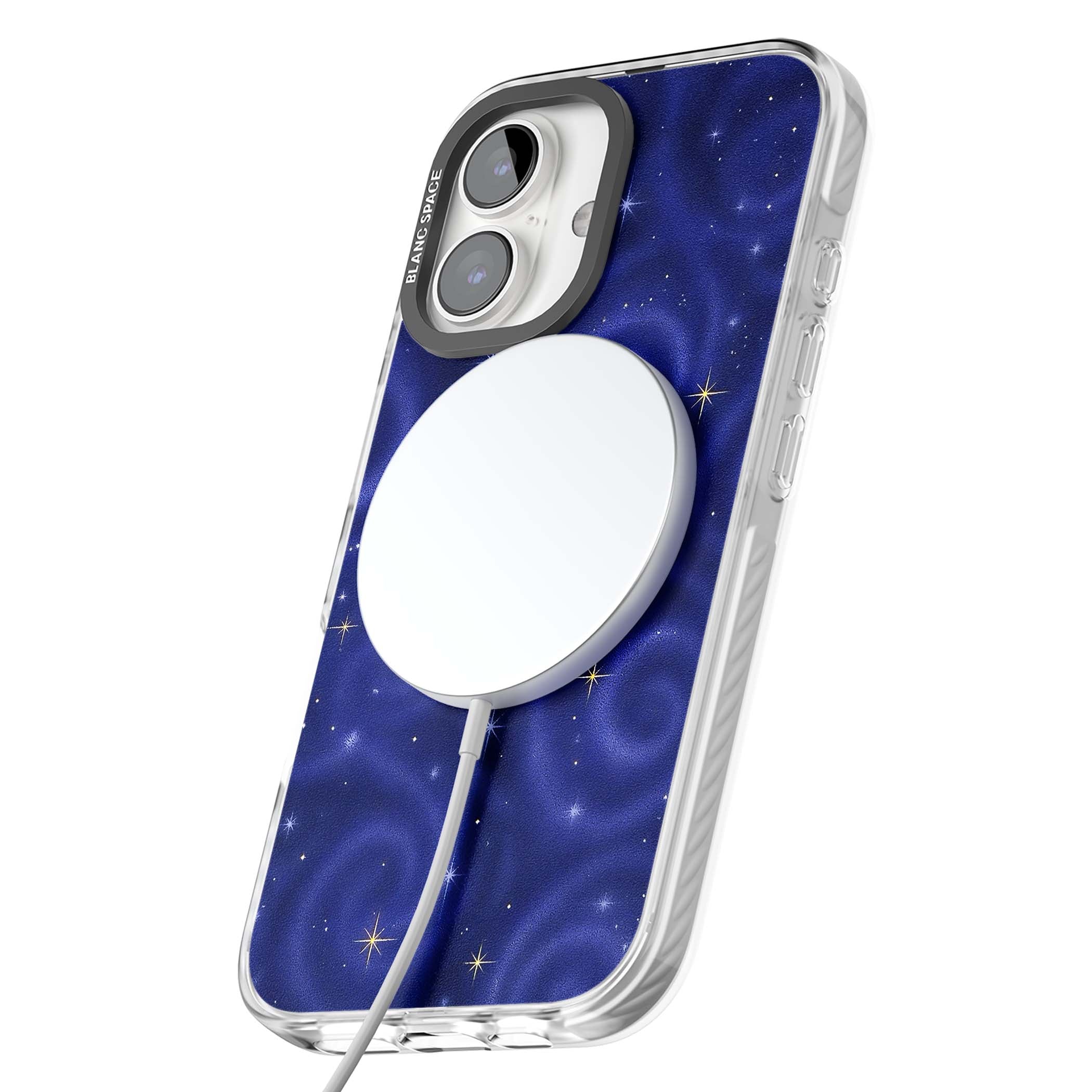 Indigo Cosmos celestial iPhone case featuring swirling navy night sky and sparkling golden stars | Impact Magsafe case for iPhone 16, iPhone 16 Plus