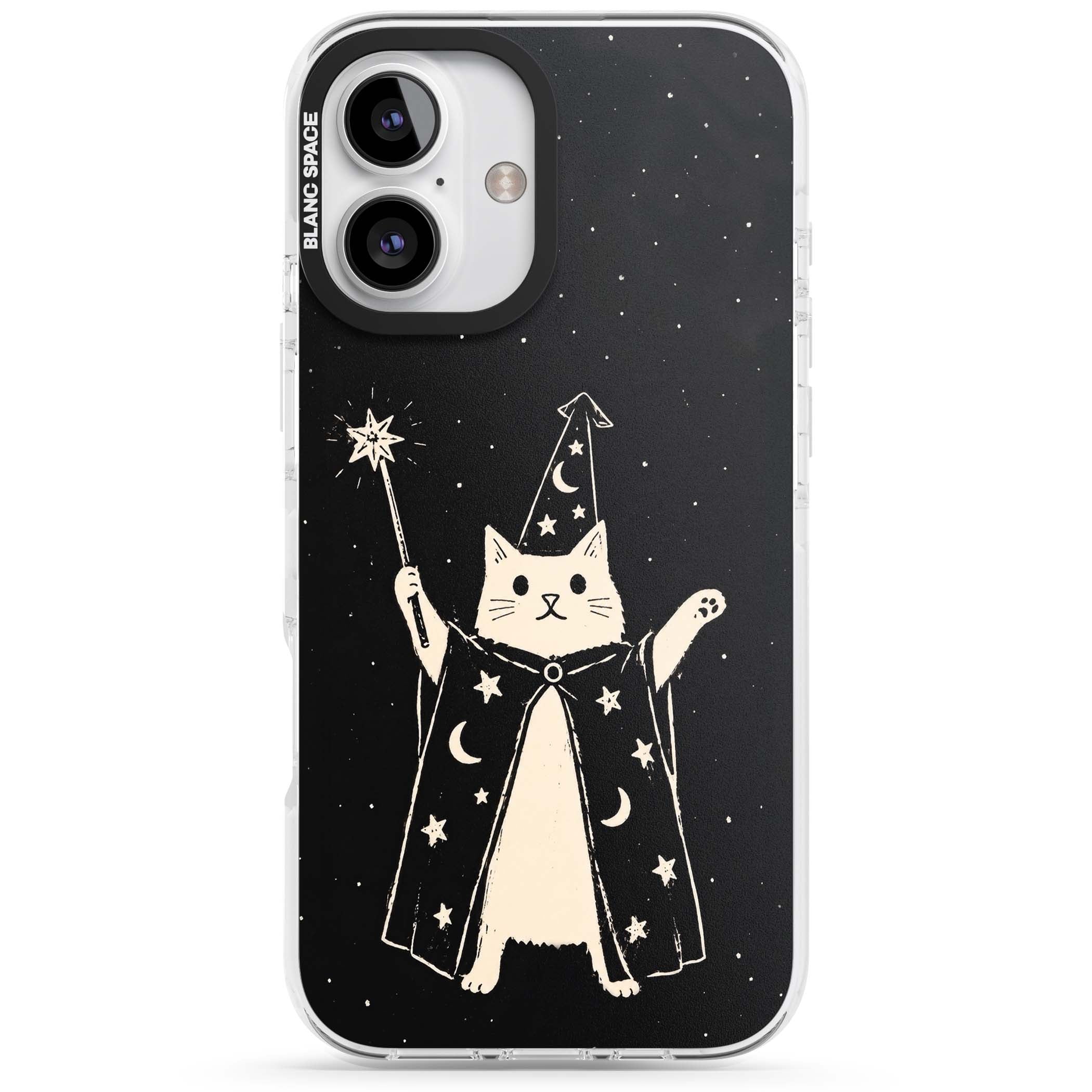 Whisker Wizard celestial cat iPhone case featuring a wizard cat with magic wand, starry night sky and crescent moons | Impact Magsafe case for iPhone 16, iPhone 16 Plus