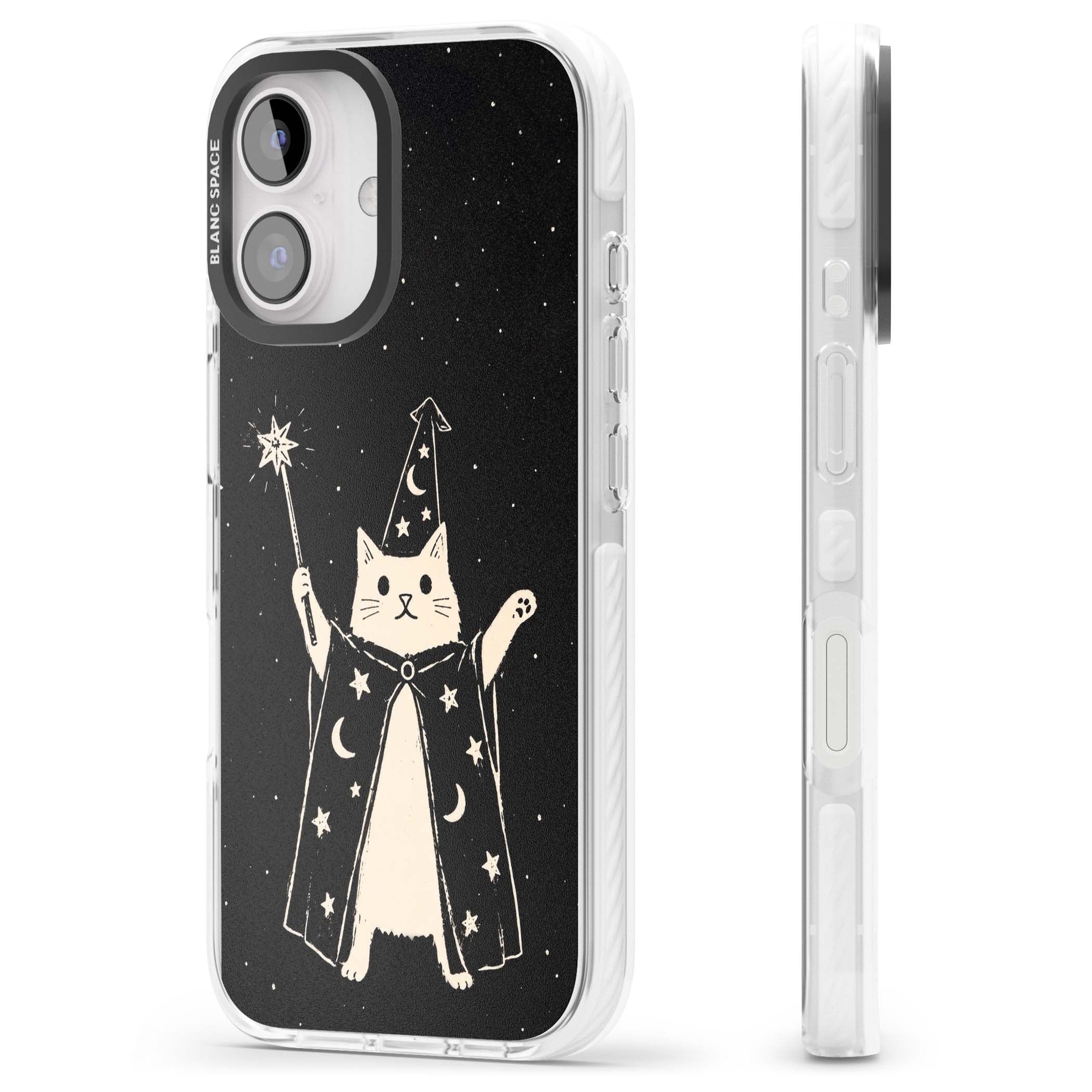 Whisker Wizard celestial cat iPhone case featuring a wizard cat with magic wand, starry night sky and crescent moons | Impact Magsafe case for iPhone 16, iPhone 16 Plus
