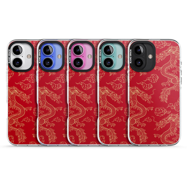 iPhone 16 Pro Max Red and Gold Dragon Pattern Black Impact Phone Case