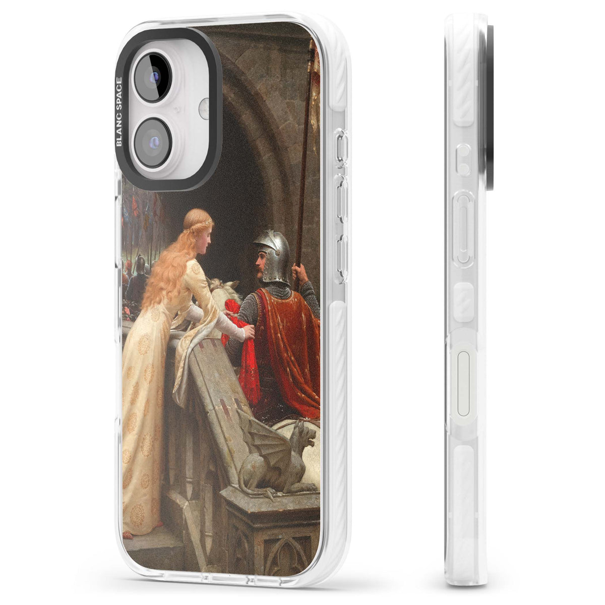 God Speed fine art iPhone case featuring Edmund Blair Leighton's medieval knight and lady beneath a stone archway | Impact Magsafe case for iPhone 16, iPhone 16 Plus