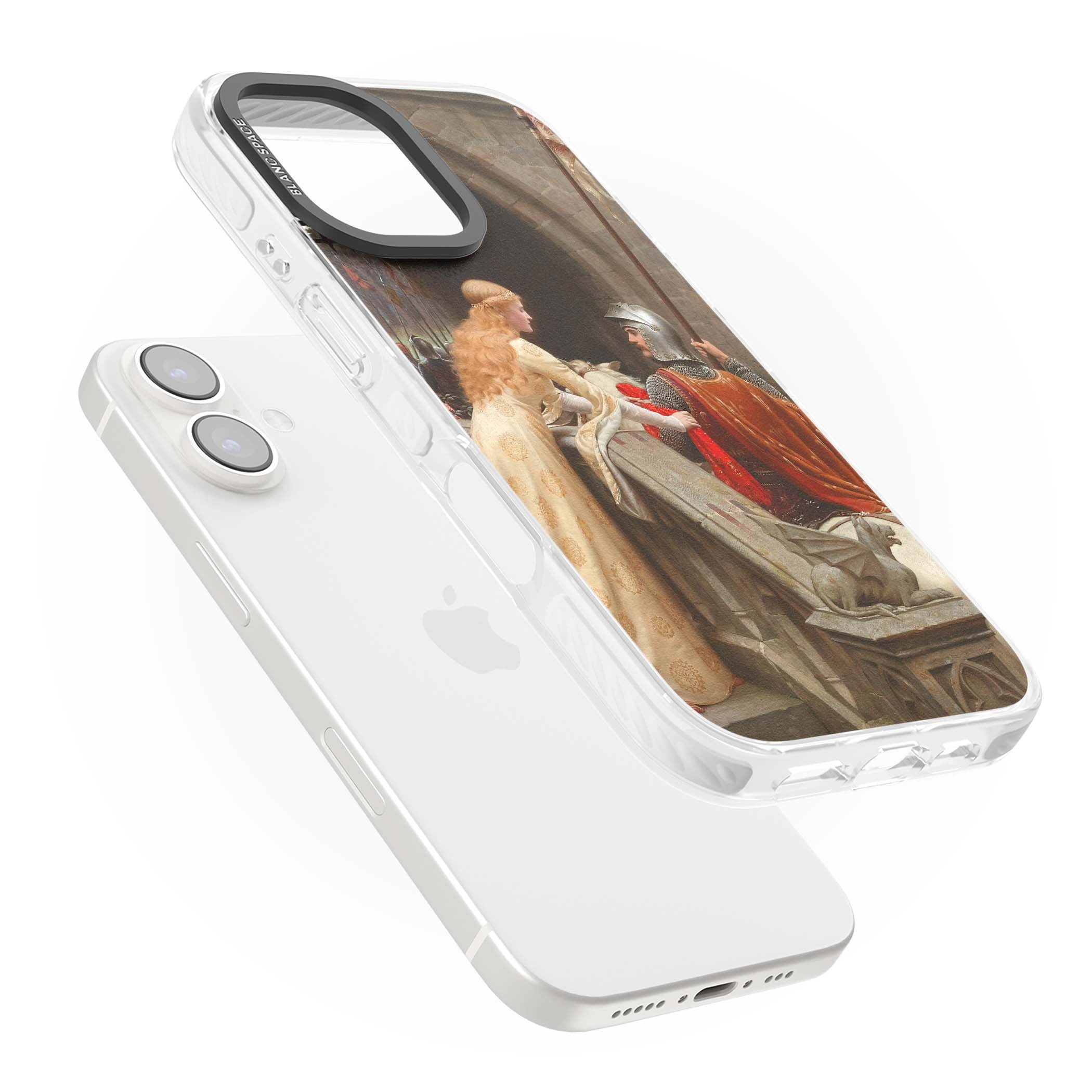 God Speed fine art iPhone case featuring Edmund Blair Leighton's medieval knight and lady beneath a stone archway | Impact Magsafe case for iPhone 16, iPhone 16 Plus