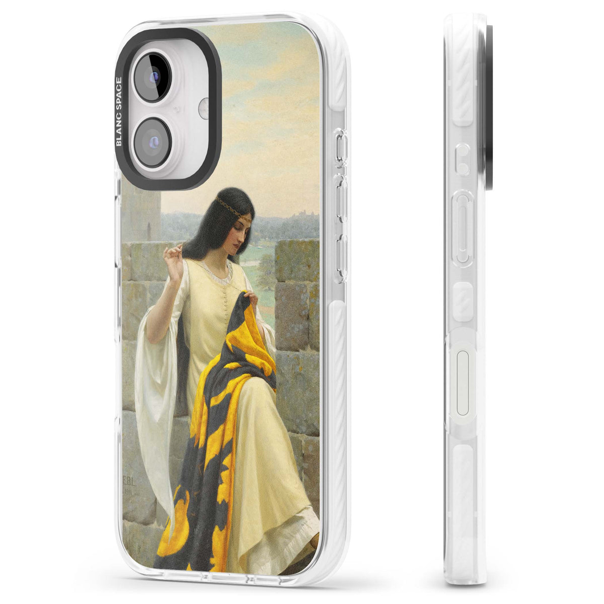 Stitching the Standard renaissance art iPhone case featuring a medieval lady sewing a golden banner on a castle wall | Impact Magsafe case for iPhone 16, iPhone 16 Plus