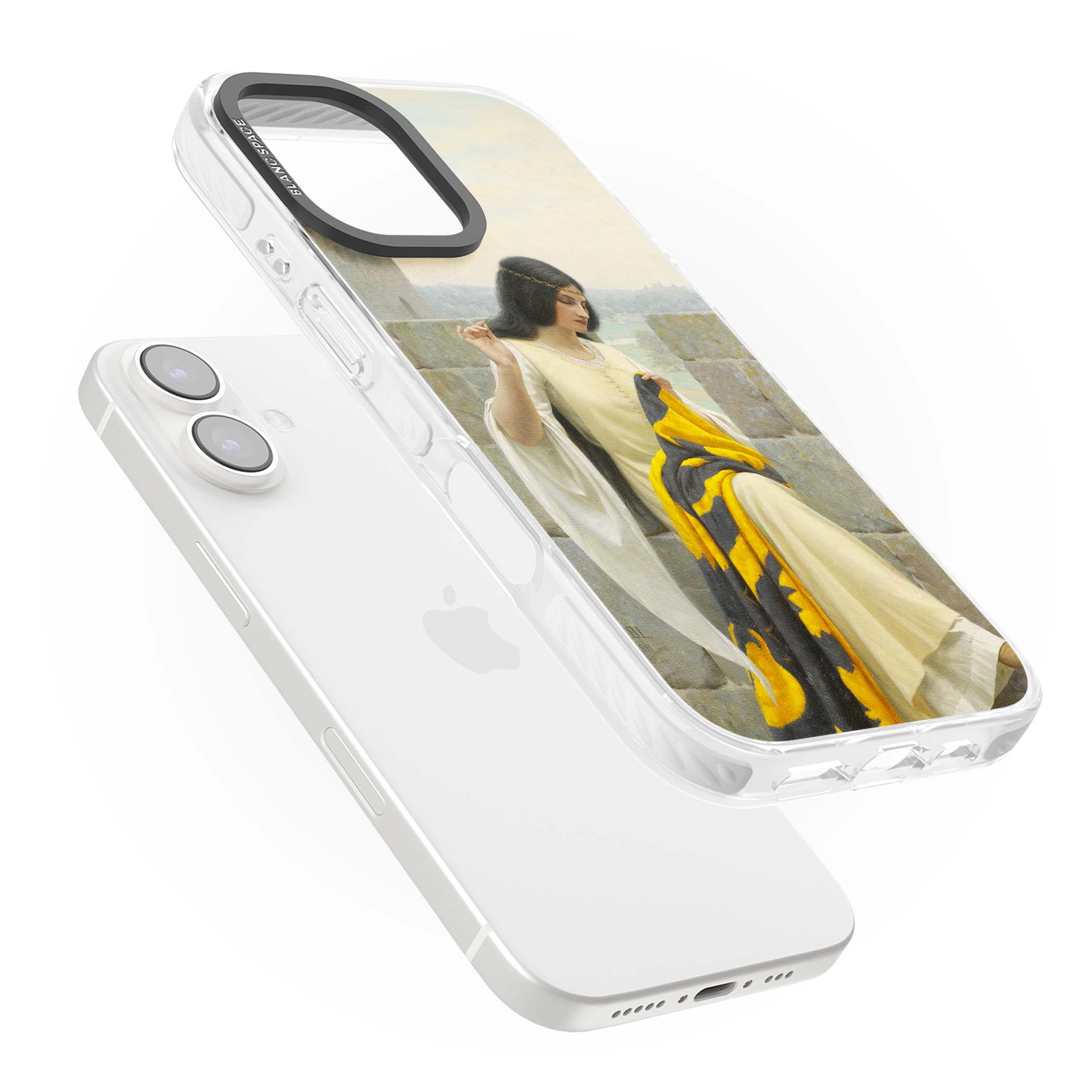 Stitching the Standard renaissance art iPhone case featuring a medieval lady sewing a golden banner on a castle wall | Impact Magsafe case for iPhone 16, iPhone 16 Plus