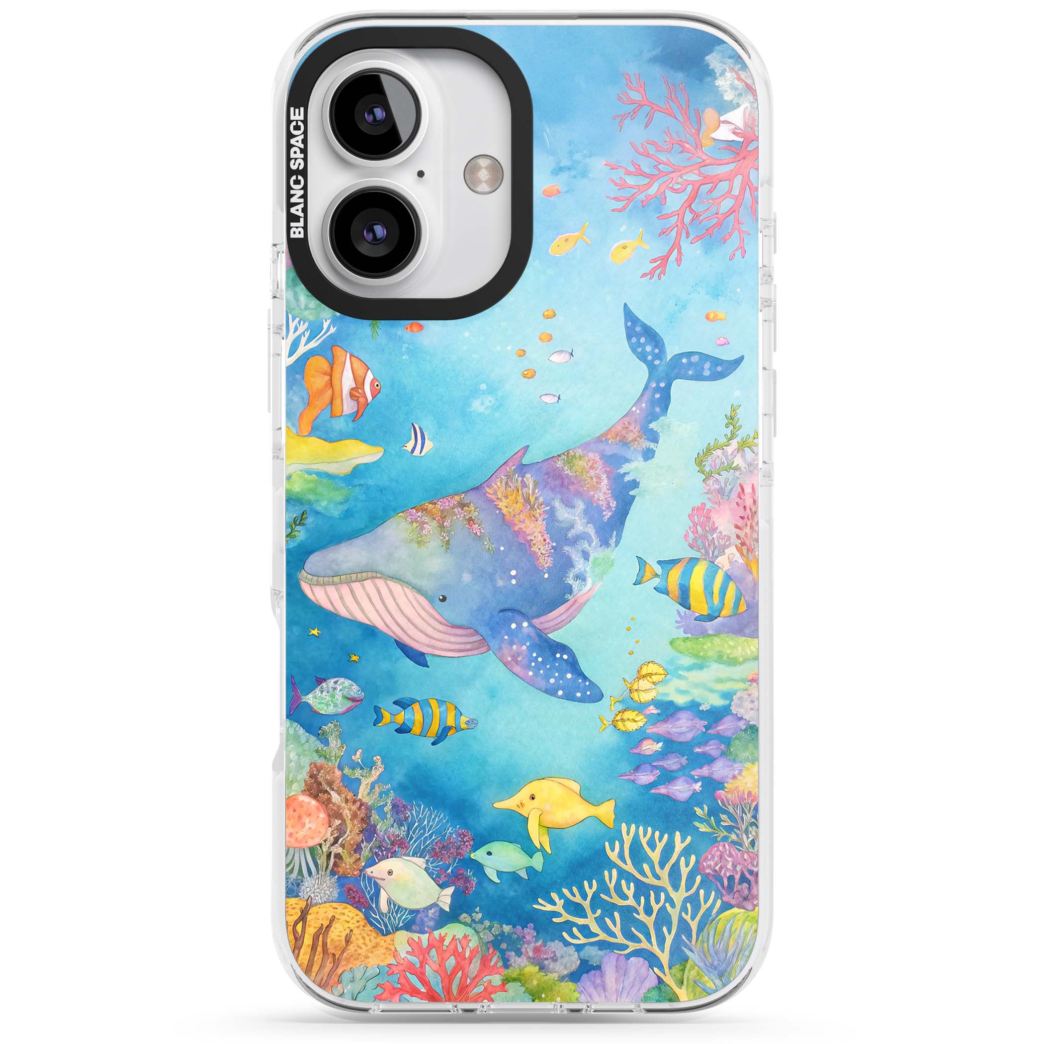 Coral Lagoon ocean iPhone case featuring a watercolour whale, coral reef and tropical fish | Impact Magsafe case for iPhone 16, iPhone 16 Plus